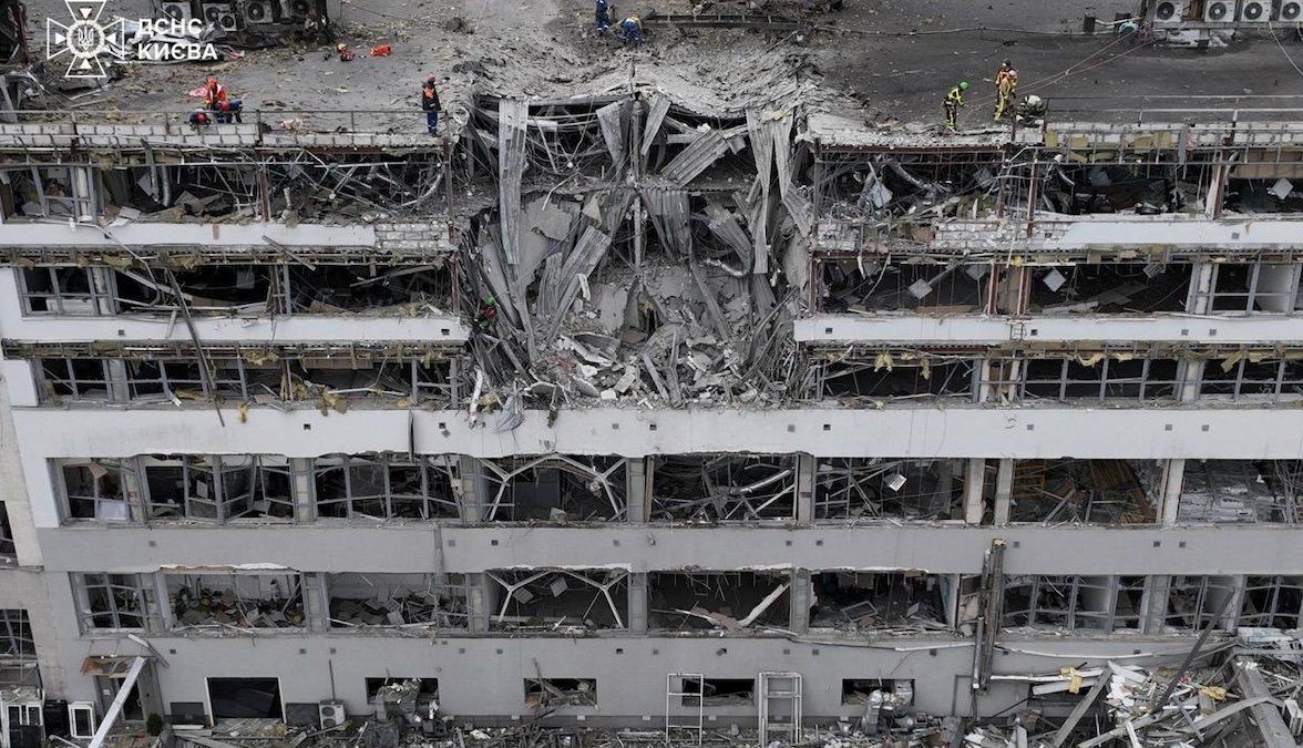 A drone view shows the site of a Russian missile strike amid Russia's attack on Kyiv on April 6, 2025. 