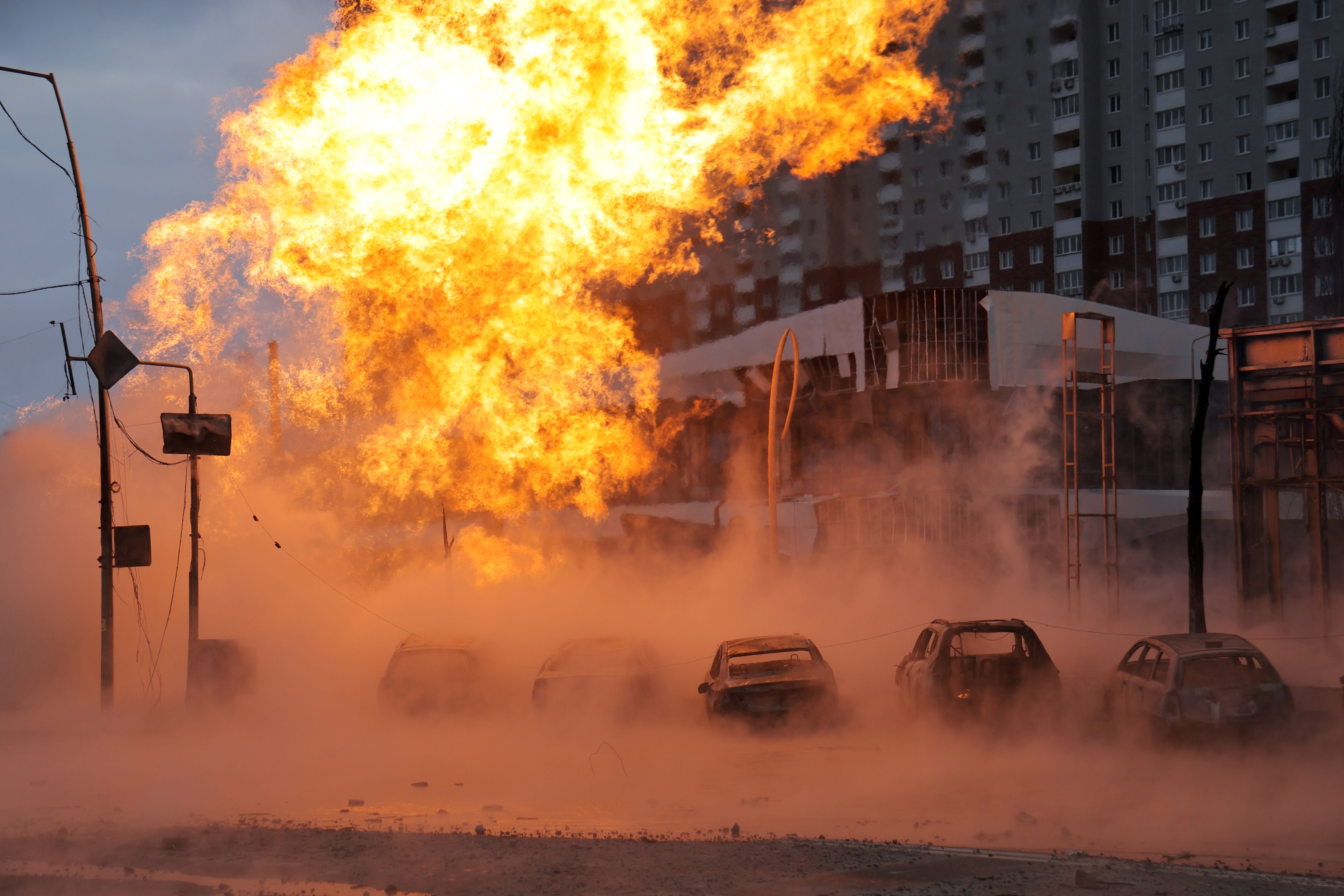 A fire is raging at a pipeline in the Podilskyi district of Kyiv, Ukraine, on January 2, 2024