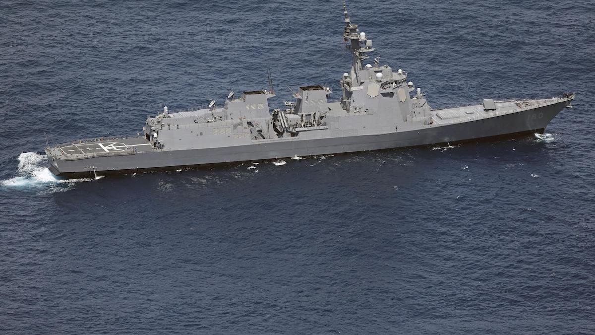 A Japan Maritime Self-Defense Force ship searching for two MSDF helicopters in waters east of Torishima Island in the Izu Island chain in the Pacific after they crashed.