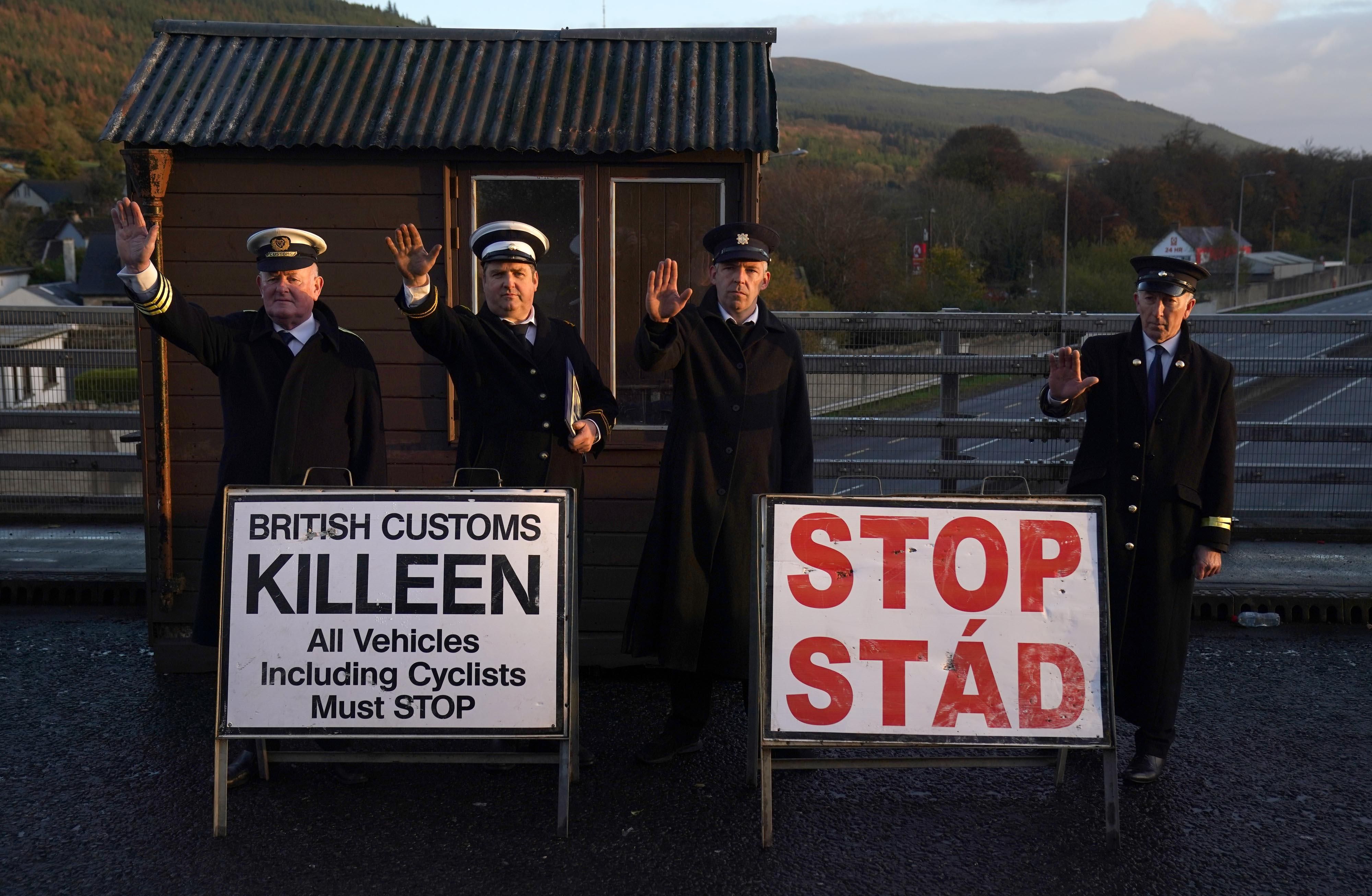 A mock customs post is set up with protesters from border communities between Ireland and Northern Ireland against Brexit. 