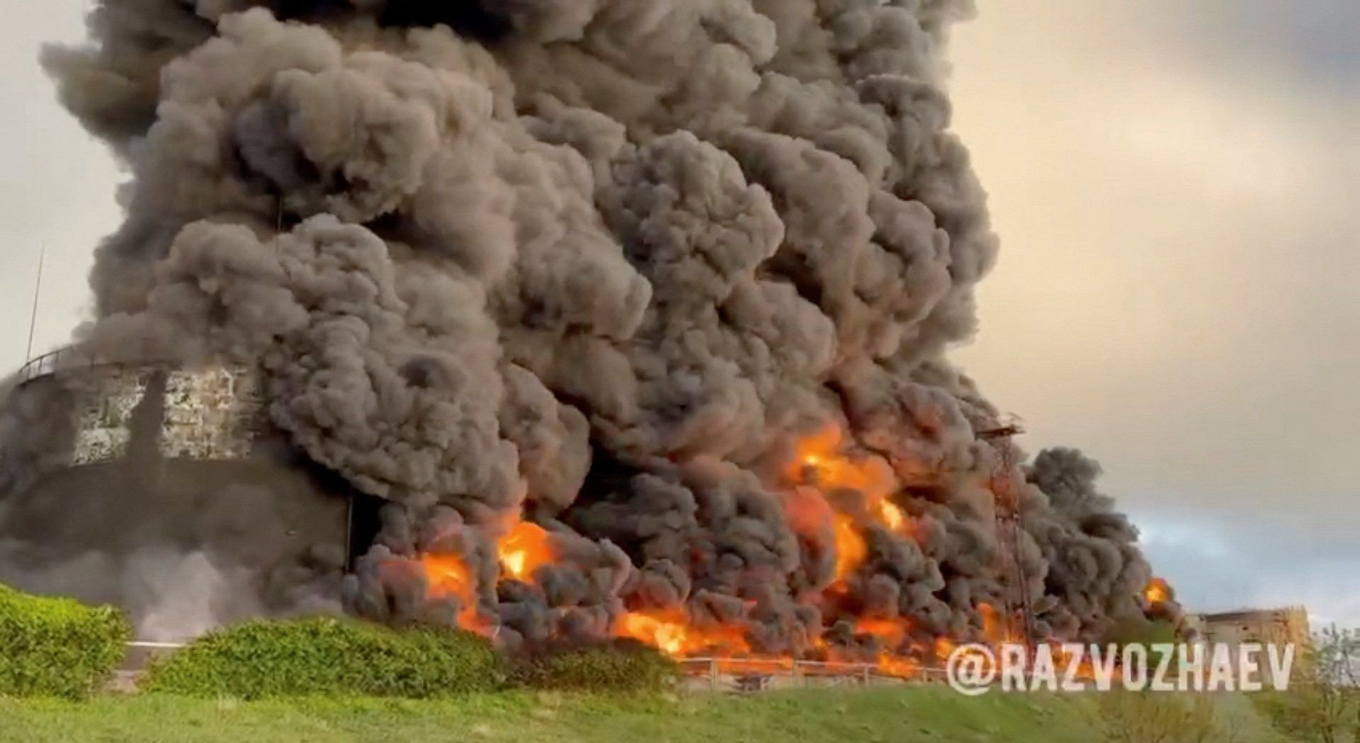 A still image from a video shows smoke rising following an alleged drone attack on an oil depot in Sevastopol, Crimea. 