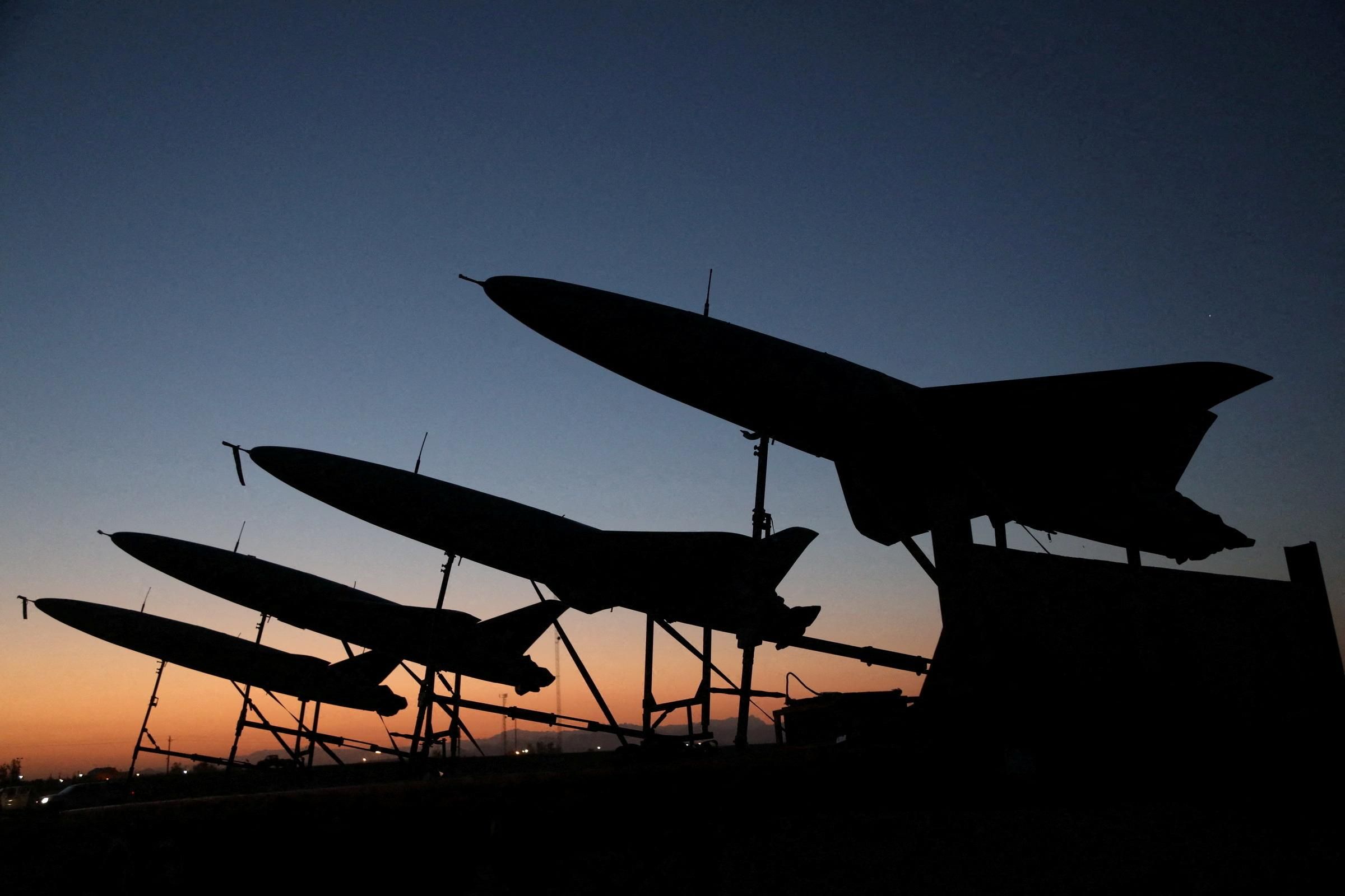 A view of drones during a military exercise in an undisclosed location in Iran.