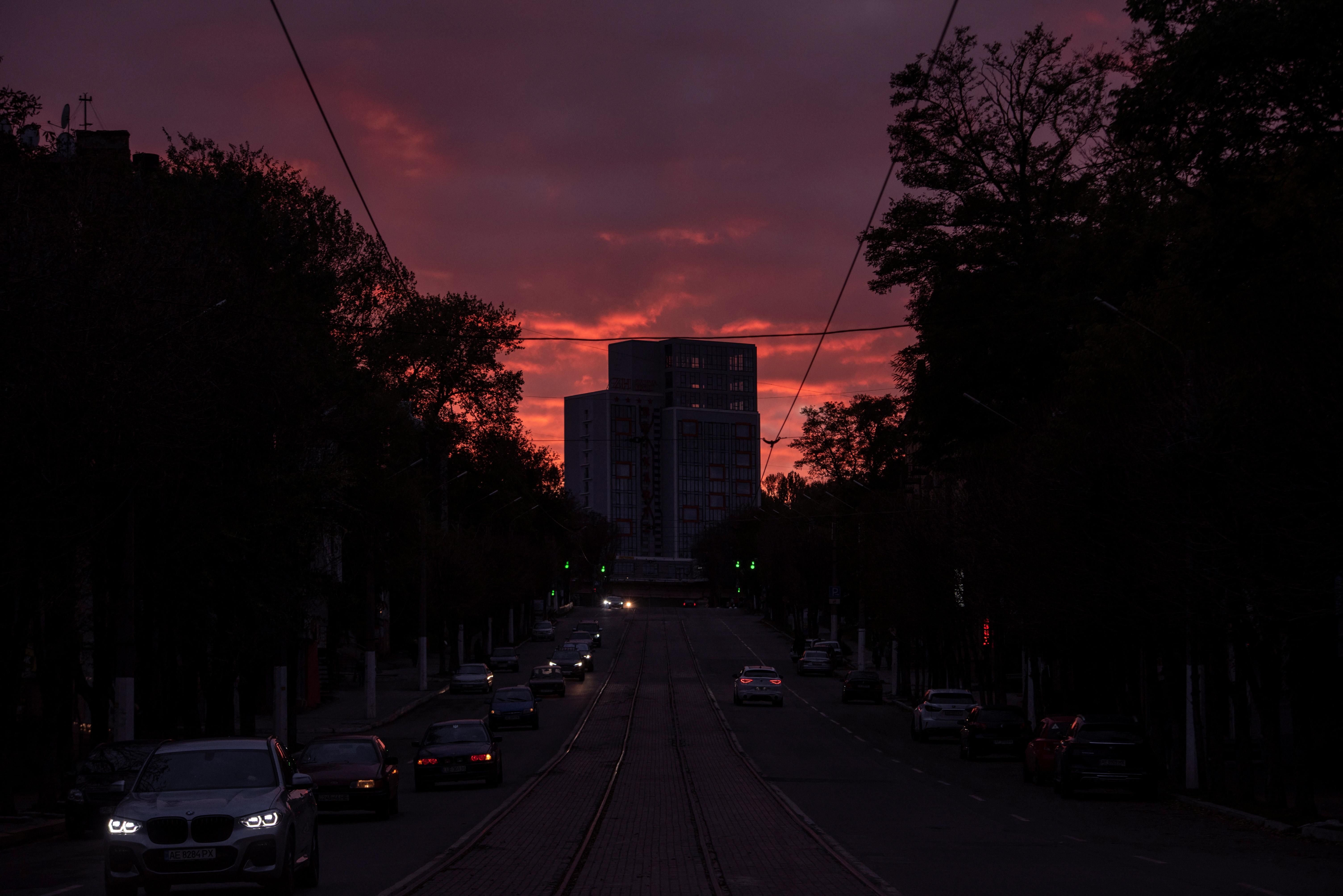 ​A view shows the city centre without electricity after critical civil infrastructure was hit by a Russian missile attacks, in Kamianske, Dnipropetrovsk region, Ukraine. 
