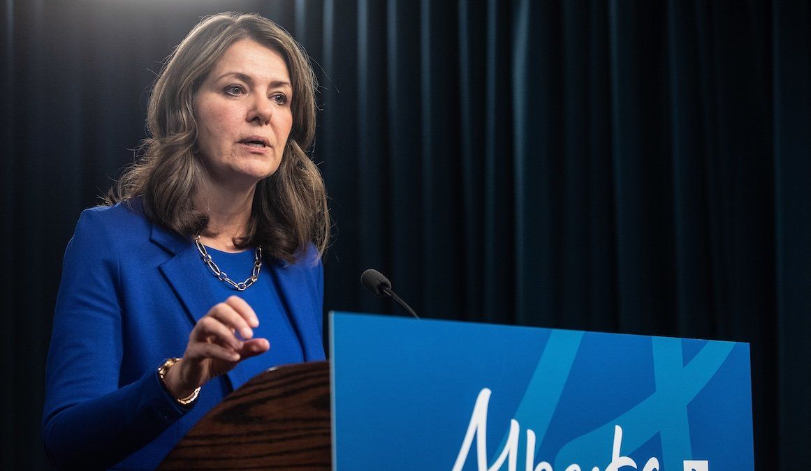 Alberta Premier Danielle Smith announces proposed changes to several pieces of democratic process legislation, in Edmonton on Tuesday, April 29, 2025. 