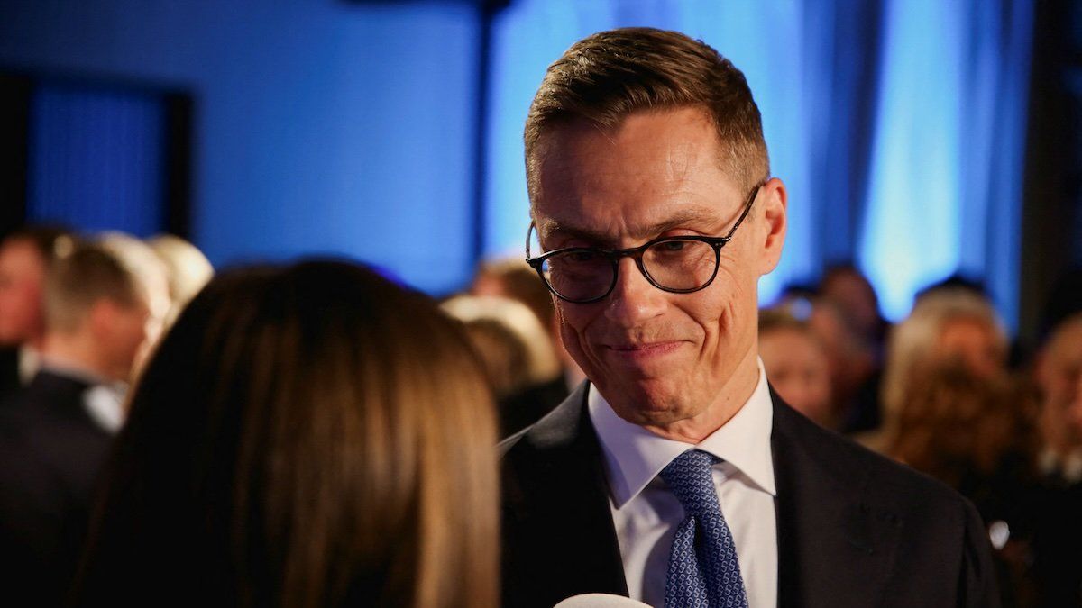 Alexander Stubb talks to the media ahead of the announcement of the results, at an election night event, in Helsinki, Finland, February 11, 2024.