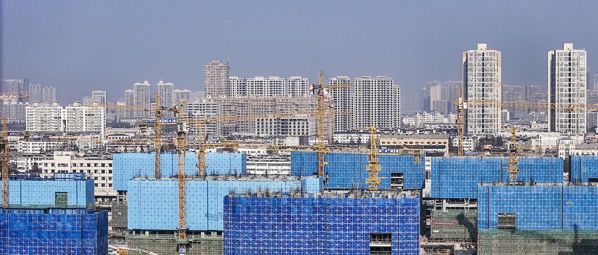 An aerial photo shows a real estate building that is currently under construction in the urban area of Huai'an City, Jiangsu Province, in China, on December 5, 2023. 