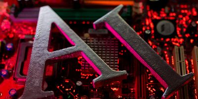 An illustration of AI atop a computer motherboard.