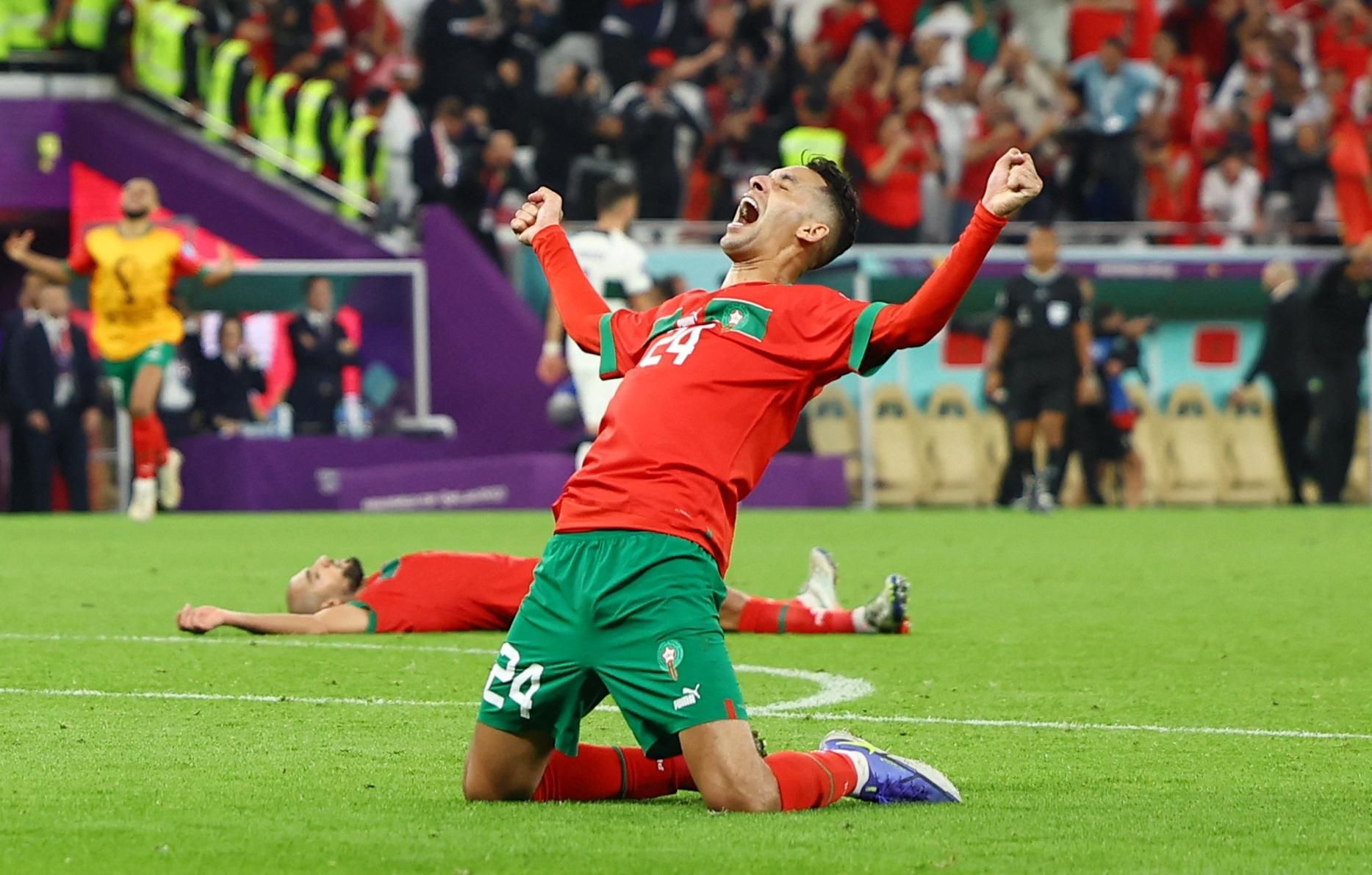 Badr Benoun celebrates after Morocco progress to the World Cup semi-finals in Qatar.