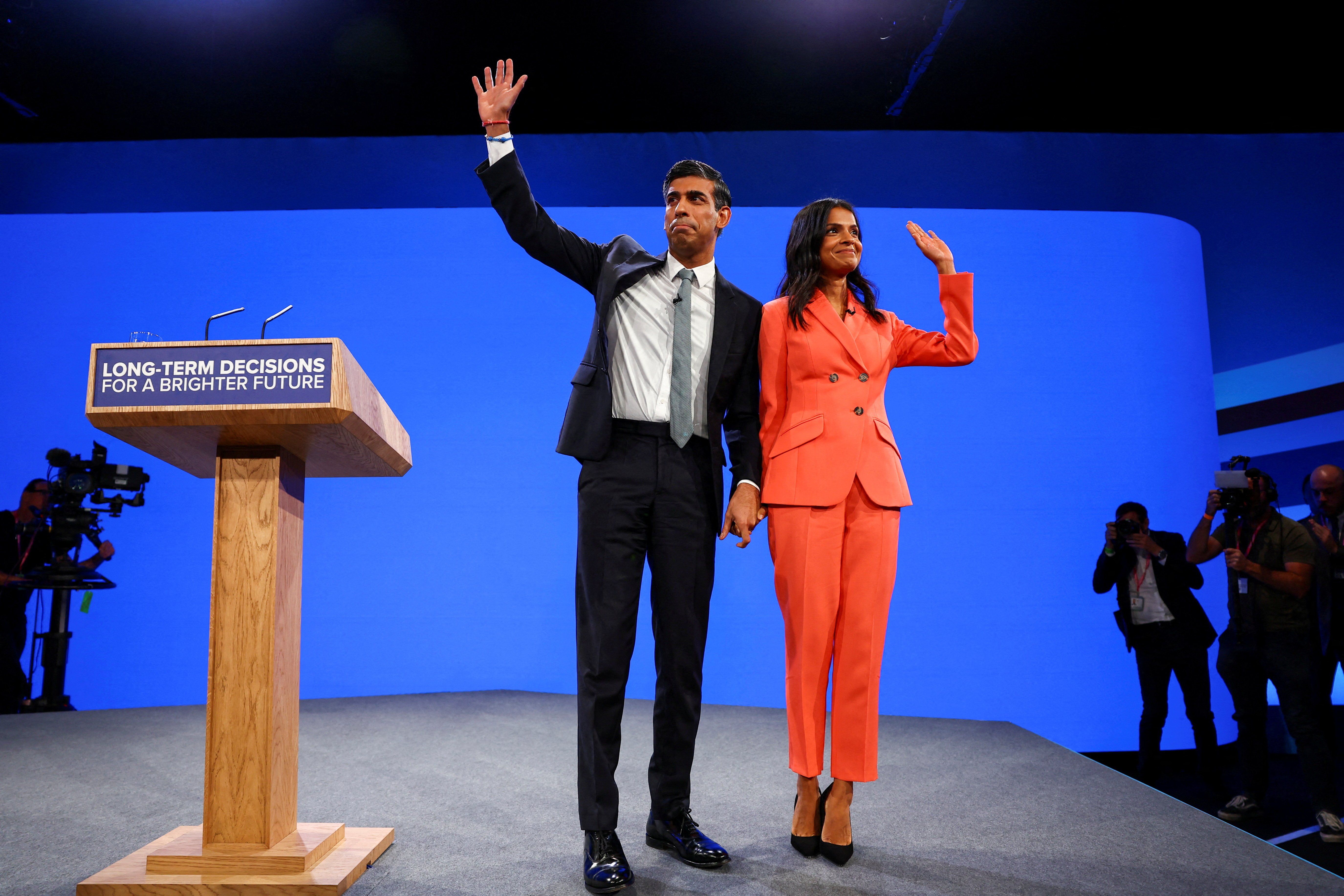 British Prime Minister Rishi Sunak and his wife Akshata Murty at the Conservative Party's conference.