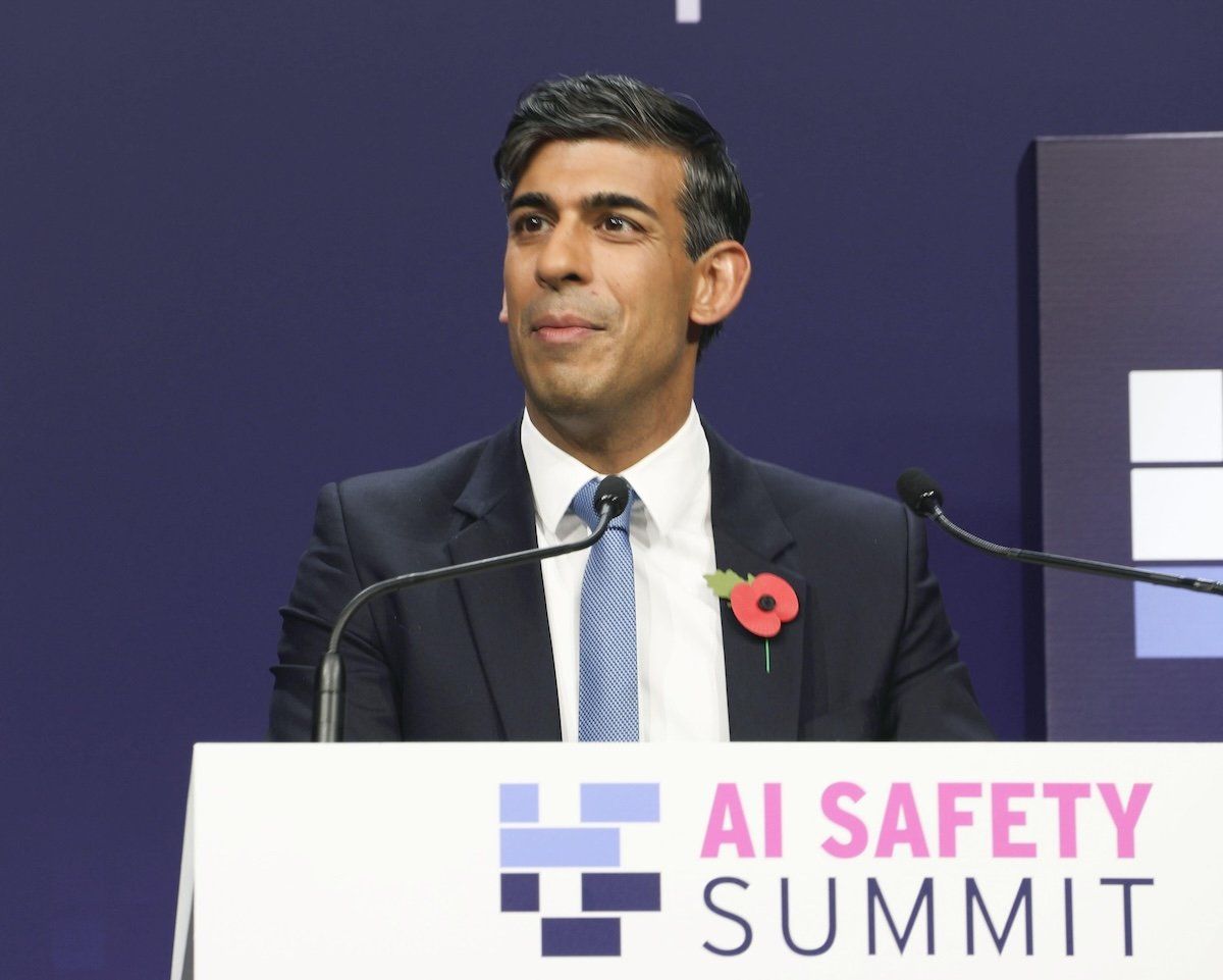 ​British Prime Minister Rishi Sunak speaks during a news conference at the AI Safety Summit in Milton Keynes, near London, last November.