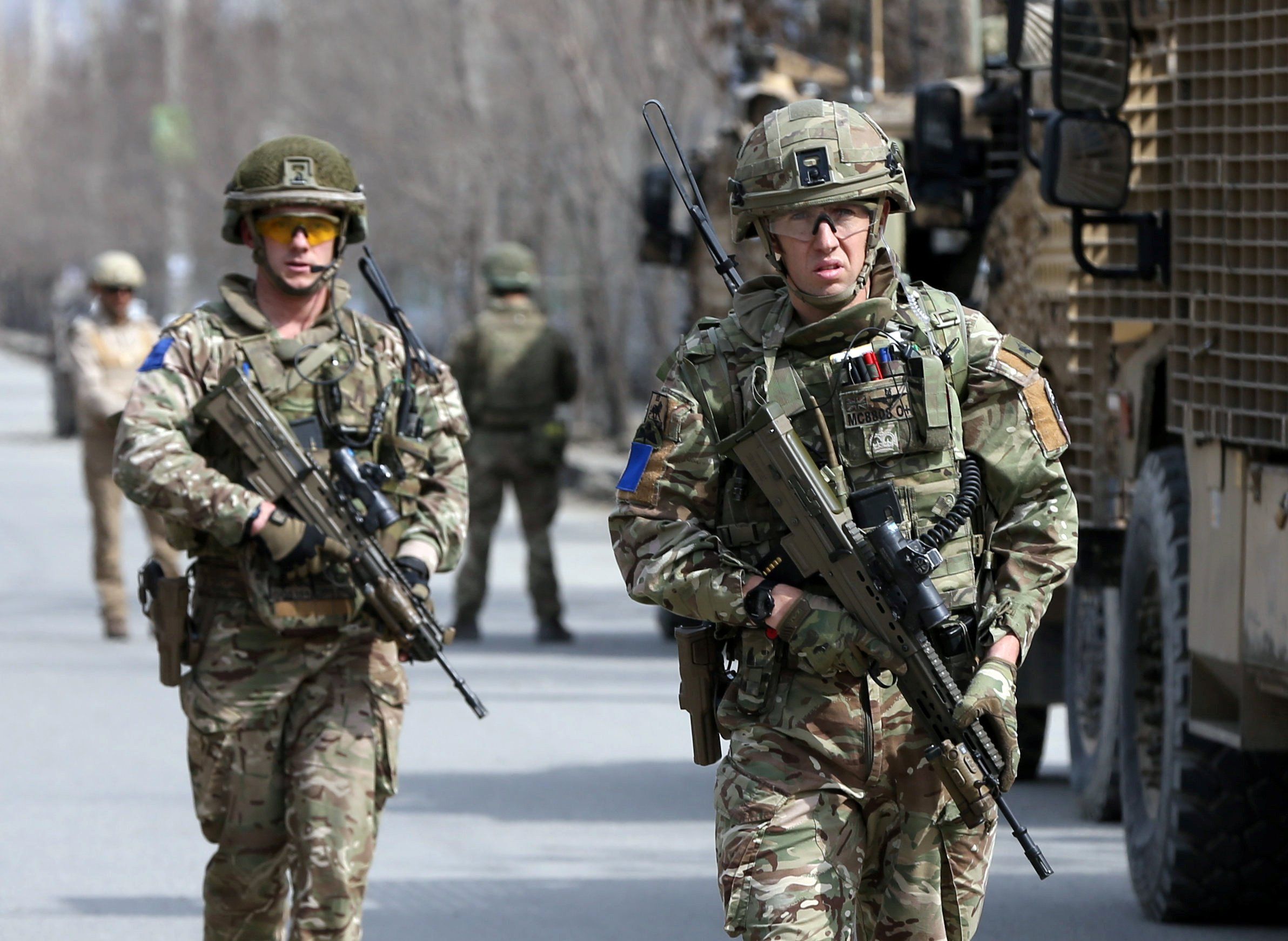 British soldiers with NATO-led Resolute Support Mission arrive at the site of an attack in Kabul, Afghanistan March 6, 2020.