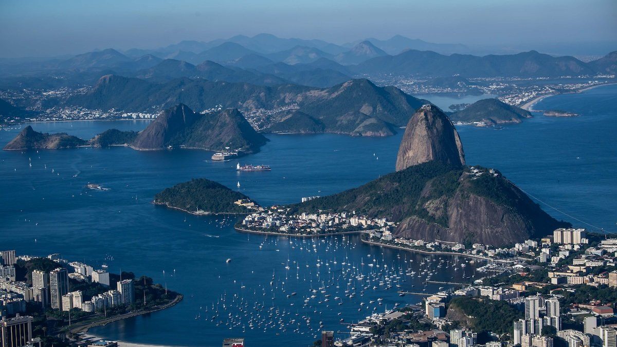 Cityscape of the Guanabara Bay at the peak of Corcovado Mountain in the Tijuca Forest National Park in Rio de Janeiro, Brazil, 1 July 2019.