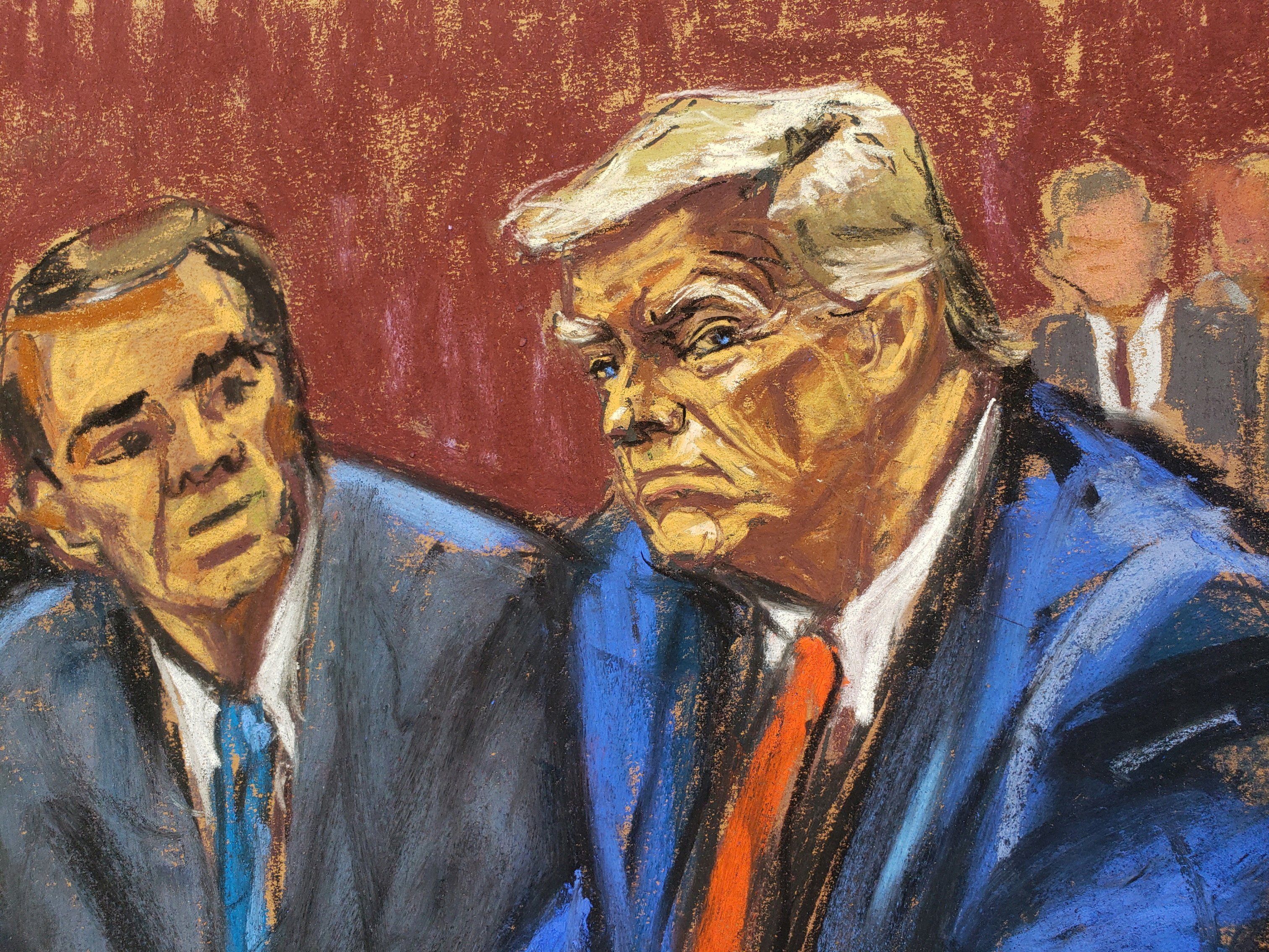 Court sketch of Former U.S. President Trump appears on classified document charges after a federal indictment in Miami courthouse