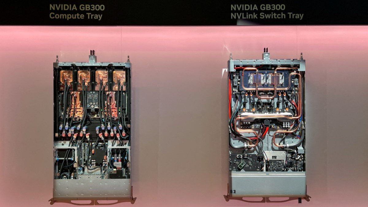 ​Data center servers and components containing the newest artificial intelligence chips from Nvidia are seen on display at the company's GTC software developer conference in San Jose, California, USA, on March 19, 2025.