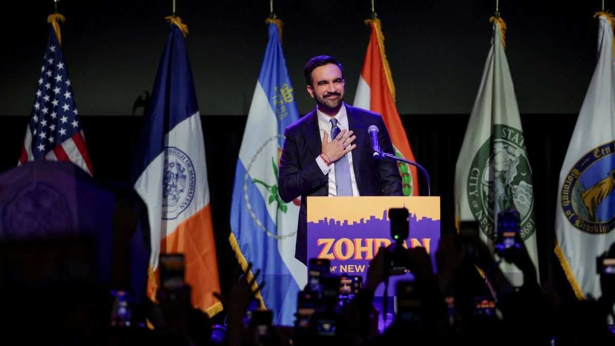 New York City mayor-elect Zohran Mamdani celebrate his election victory in the Brooklyn borough of New York City, New York, USA, on November 4, 2025.