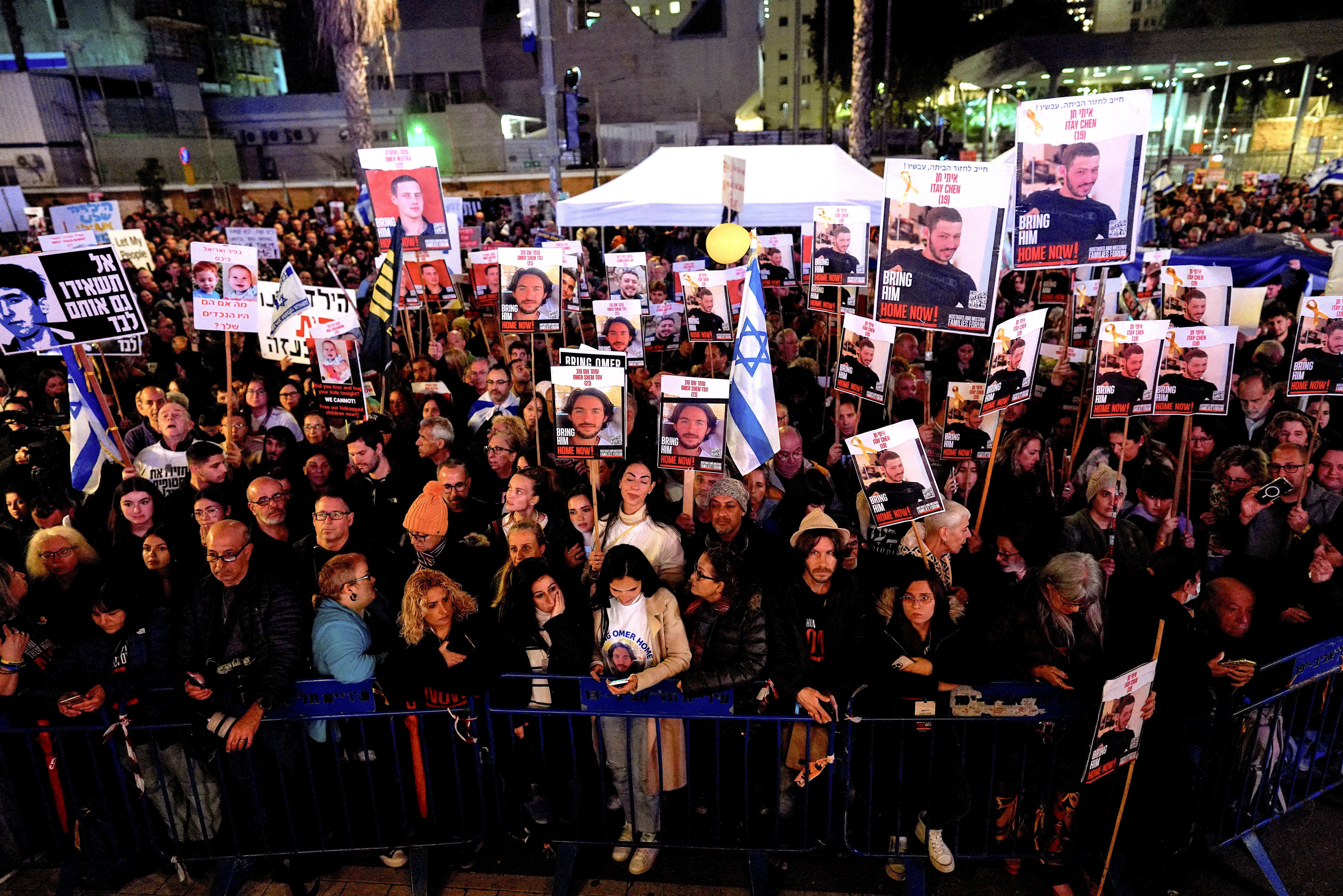 ​Demonstrators gather for a 24-hour protest at "Hostages Square" calling for the release of Israeli hostages in Gaza and to mark 100 days since the Oct. 7 attack by Hamas. 