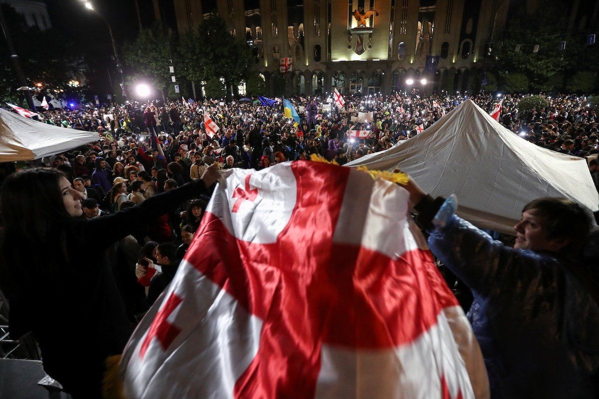 Demonstrators hold a rally to protest against a bill on "foreign agents" in Tbilisi, Georgia, May 13, 2024. 