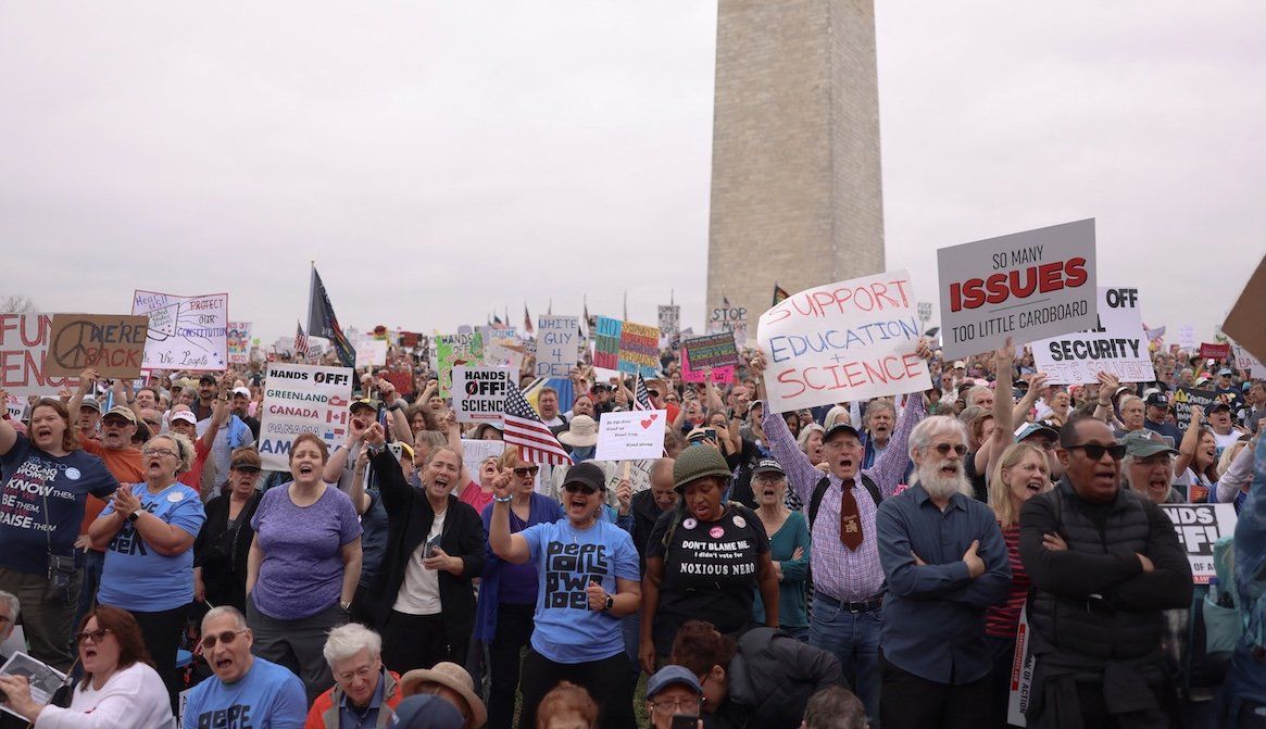 ​Demonstrators rally against President Donald Trump and his adviser Elon Musk during a Hands Off! protest on the Washington Monument grounds in Washington, DC, on April 5, 2025. 