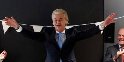 Dutch far-right politician and leader of the Freedom Party Geert Wilders gestures as he meets with party members after the parliamentary elections in The Hague, Netherlands, on Nov. 23, 2023. 