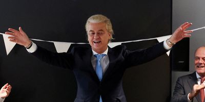 Dutch far-right politician and leader of the Freedom Party Geert Wilders gestures as he meets with party members after the parliamentary elections in The Hague, Netherlands, on Nov. 23, 2023.