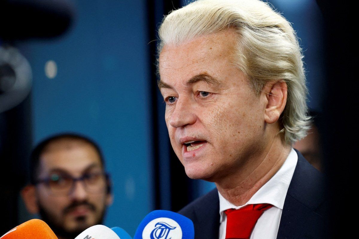 Dutch far-right politician and leader of the PVV, Geert Wilders, reacts as he meets the press in November 2023. 