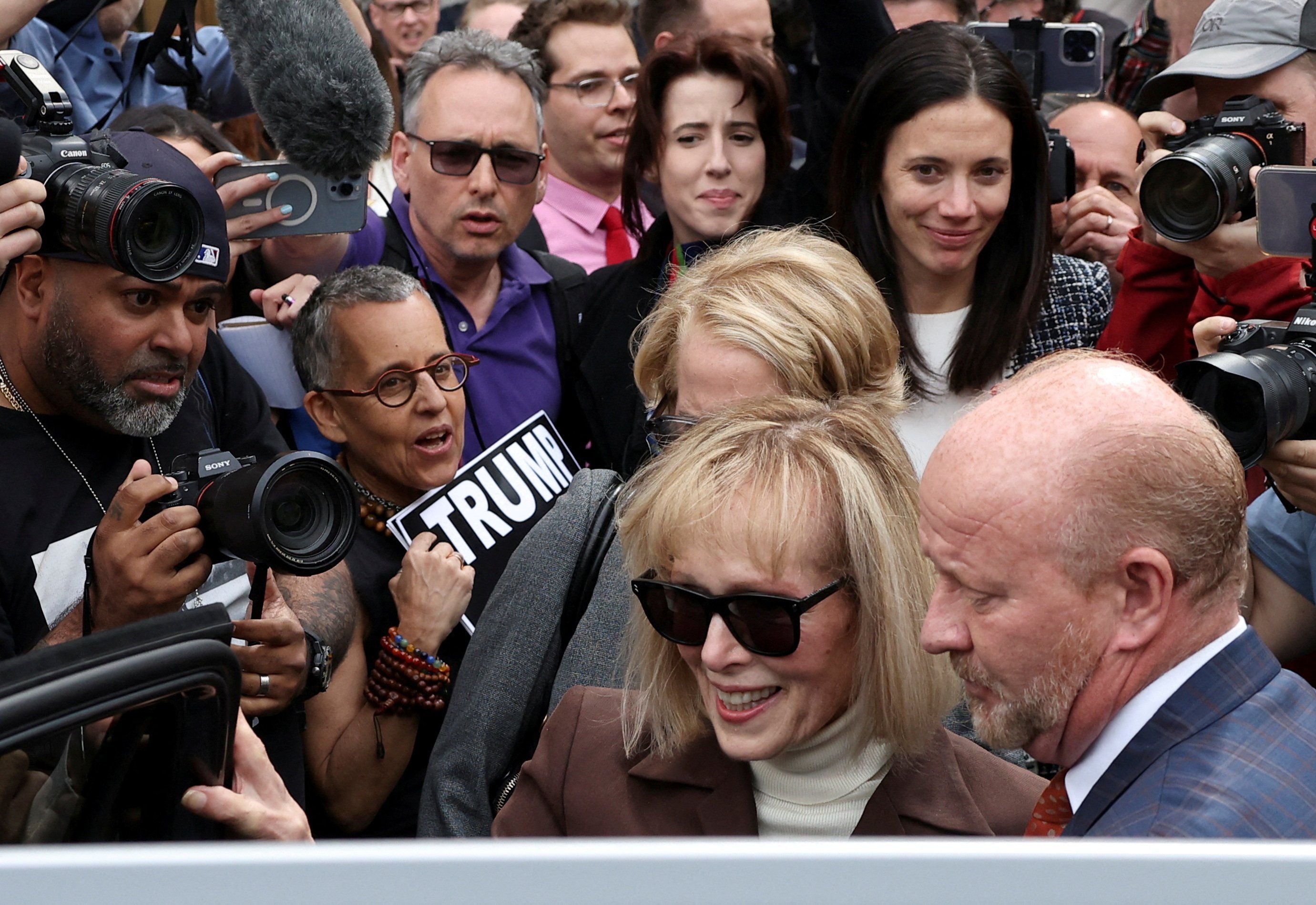 E. Jean Carroll departs from the Manhattan Federal Court following the verdict in the civil rape accusation case against former President Donald Trump, in New York City.