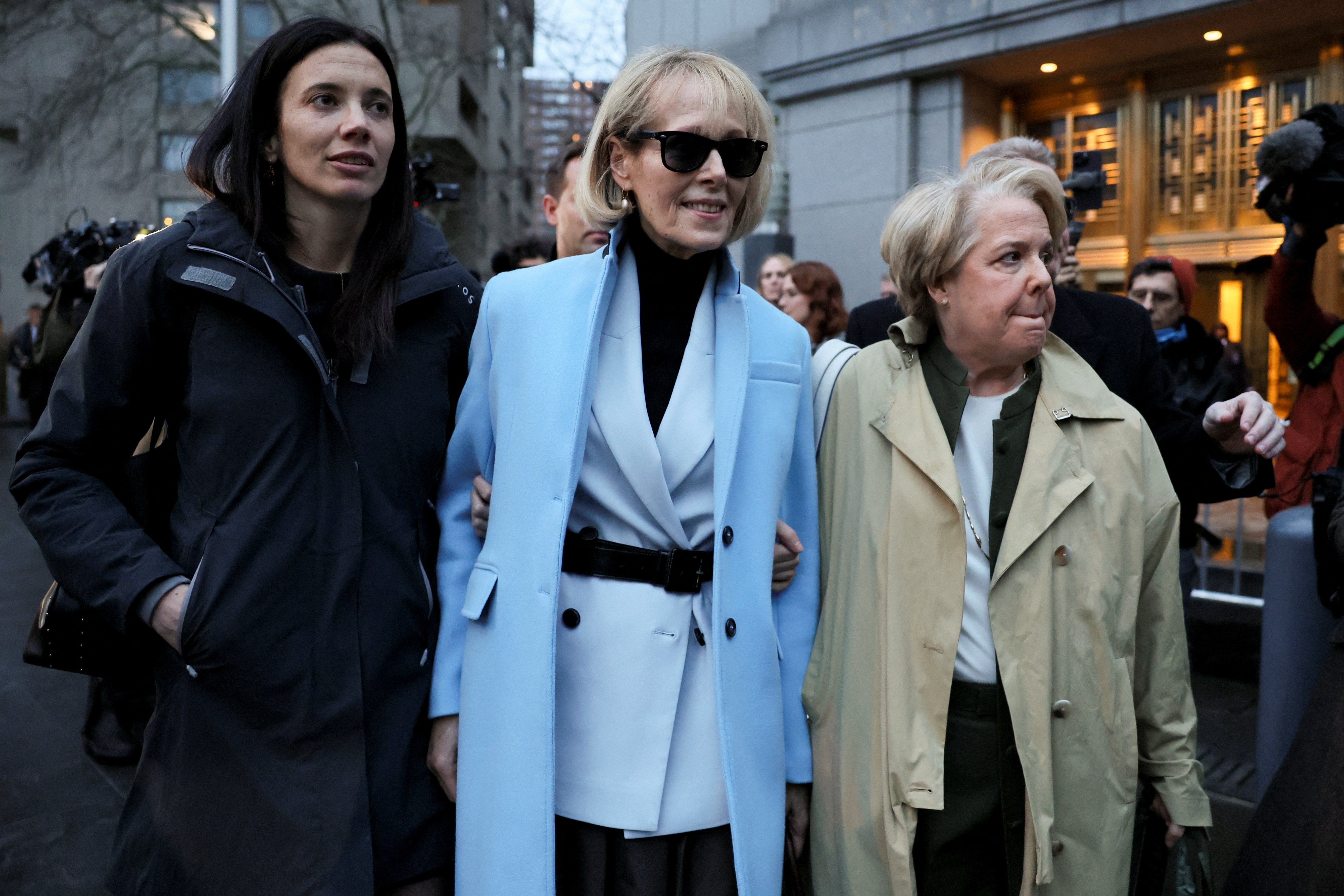 E. Jean Carroll walks outside Manhattan Federal Court on the day of the second civil trial, after she accused former U.S. President Donald Trump of raping her decades ago, in New York City, U.S., January 25, 2024. 