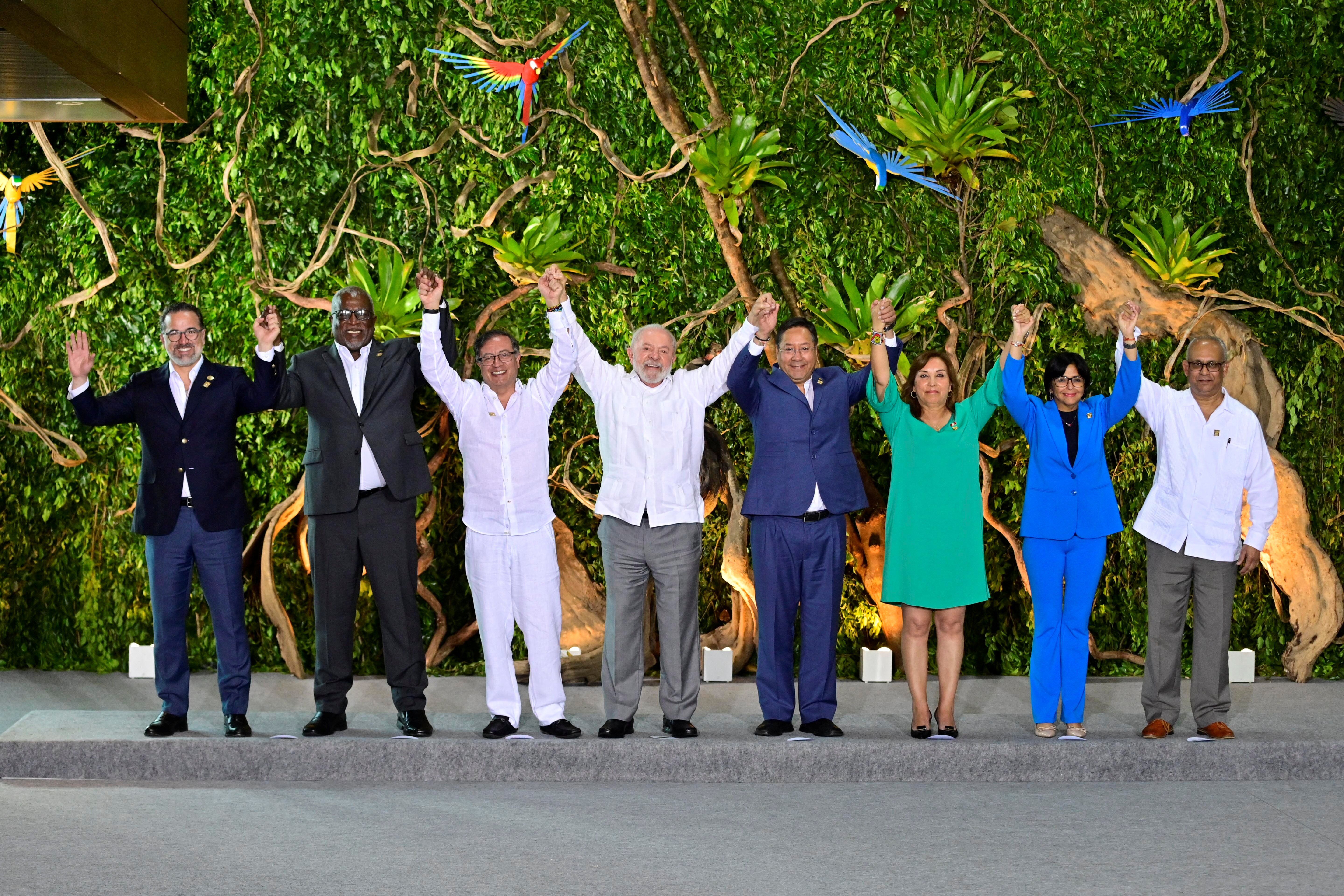 Ecuador's Foreign Minister Gustavo Manrique, Guyana's Prime Minister Mark Phillips, Colombia's President Gustavo Petro, Brazil's President Luiz Inacio Lula da Silva, Bolivia's President Luis Arce, Peru's President Dina Boluarte, Venezuela's Vice President Delcy Rodriguez and Suriname's Foreign Minister Albert Ramdin at ACTO