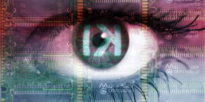 ​Eye of a woman with binary code and the lettering AI.