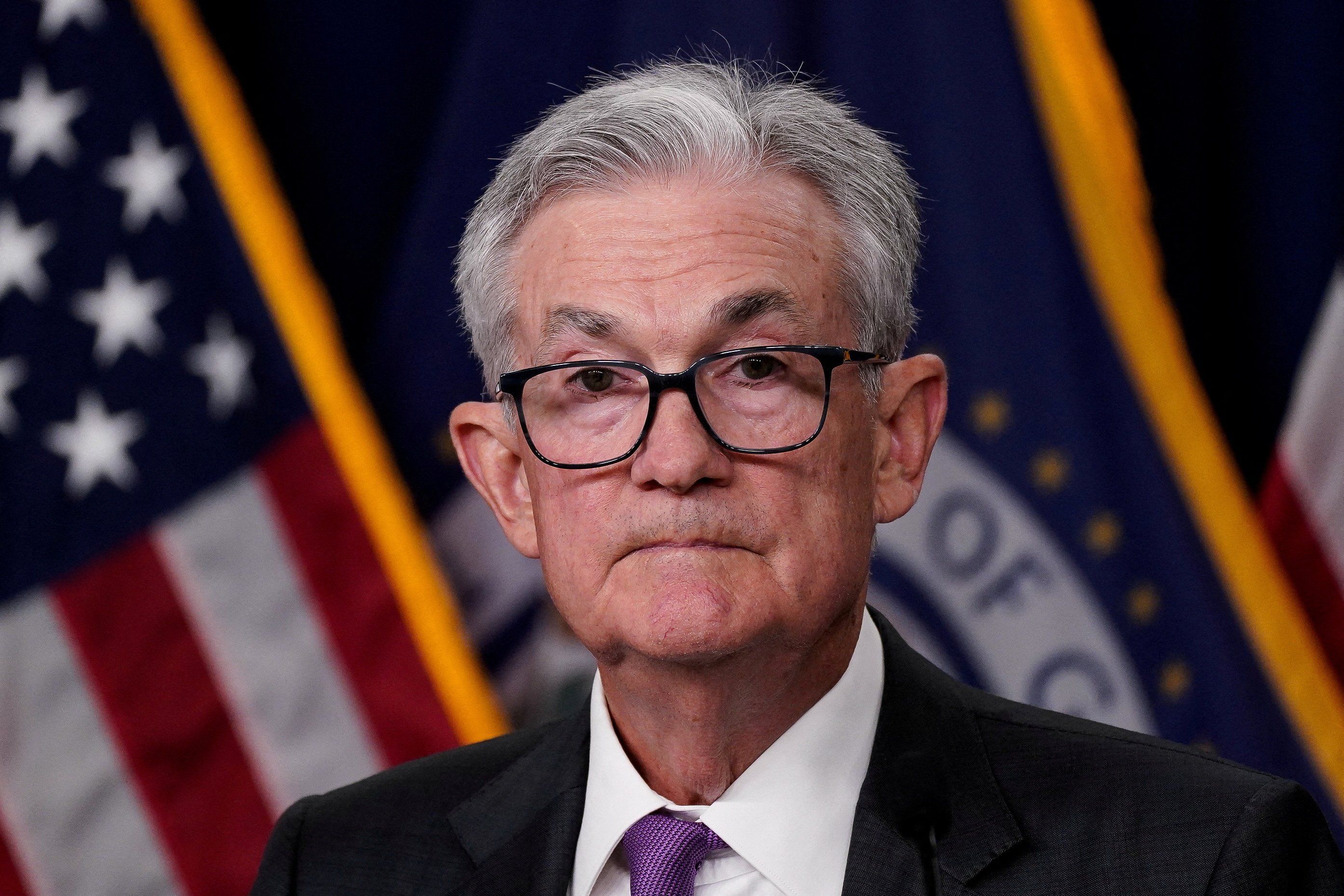 Federal Reserve Chair Jerome Powell looks on at the Jackson Lake Lodge in Jackson Hole