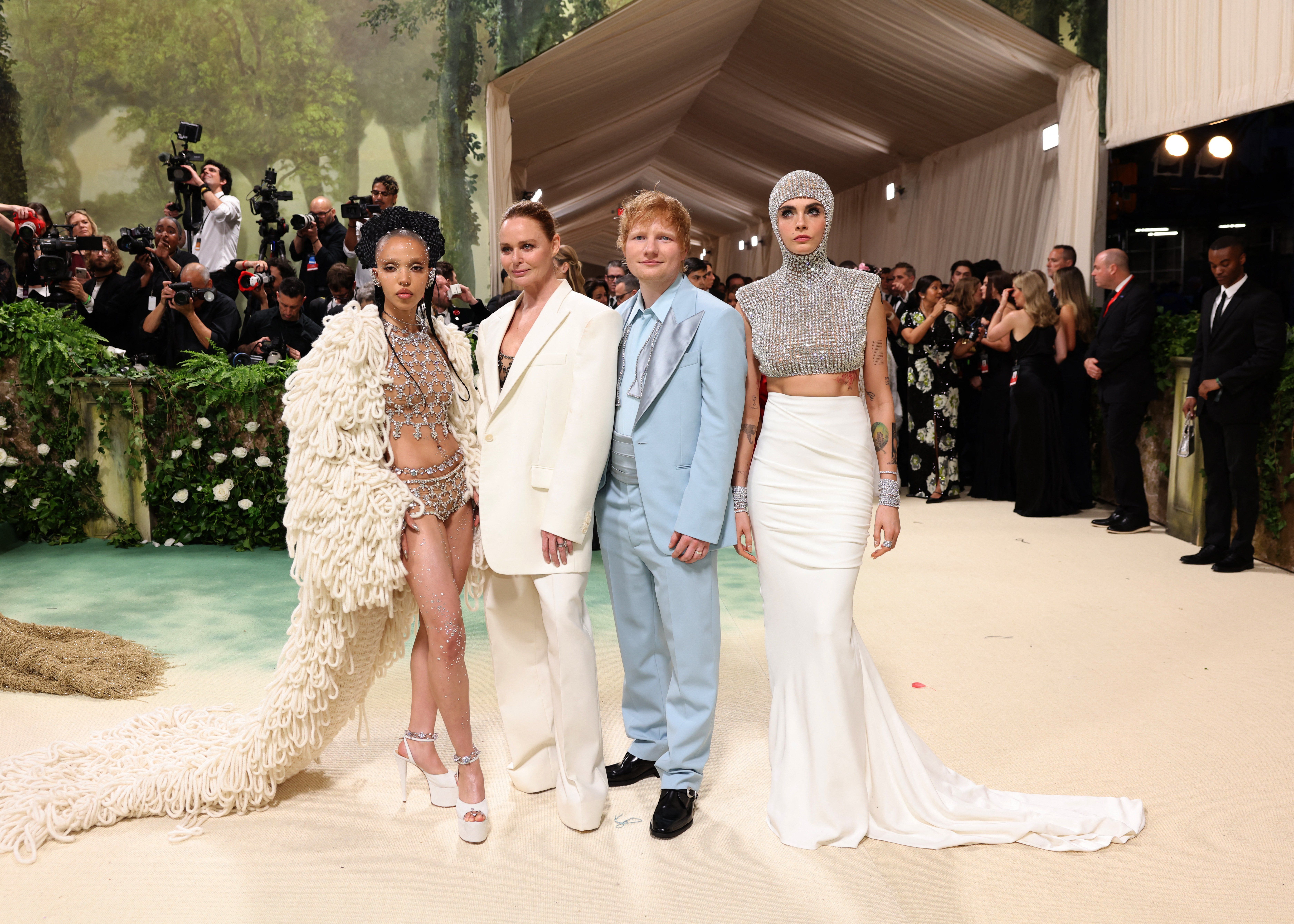 ​FKA Twigs, Stella McCartney, Ed Sheeran and Cara Delevingne pose at the Met Gala, an annual fundraising gala held for the benefit of the Metropolitan Museum of Art's Costume Institute with this year's theme 'Sleeping Beauties: Reawakening Fashion' in New York City, New York, U.S., May 6, 2024. 