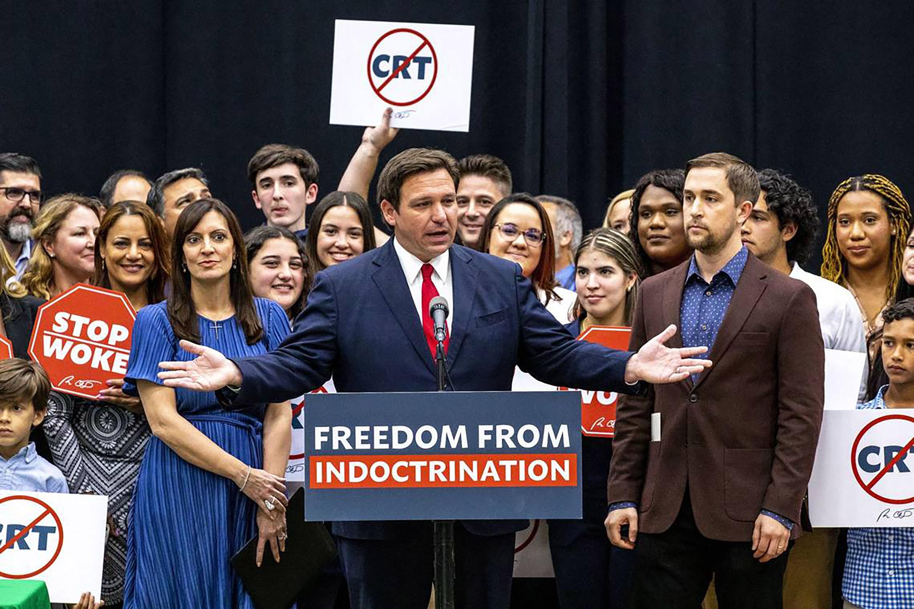 Florida Gov. Ron DeSantis signed HB 7, known as the “stop woke act,” in Florida, on April 22, 2022.