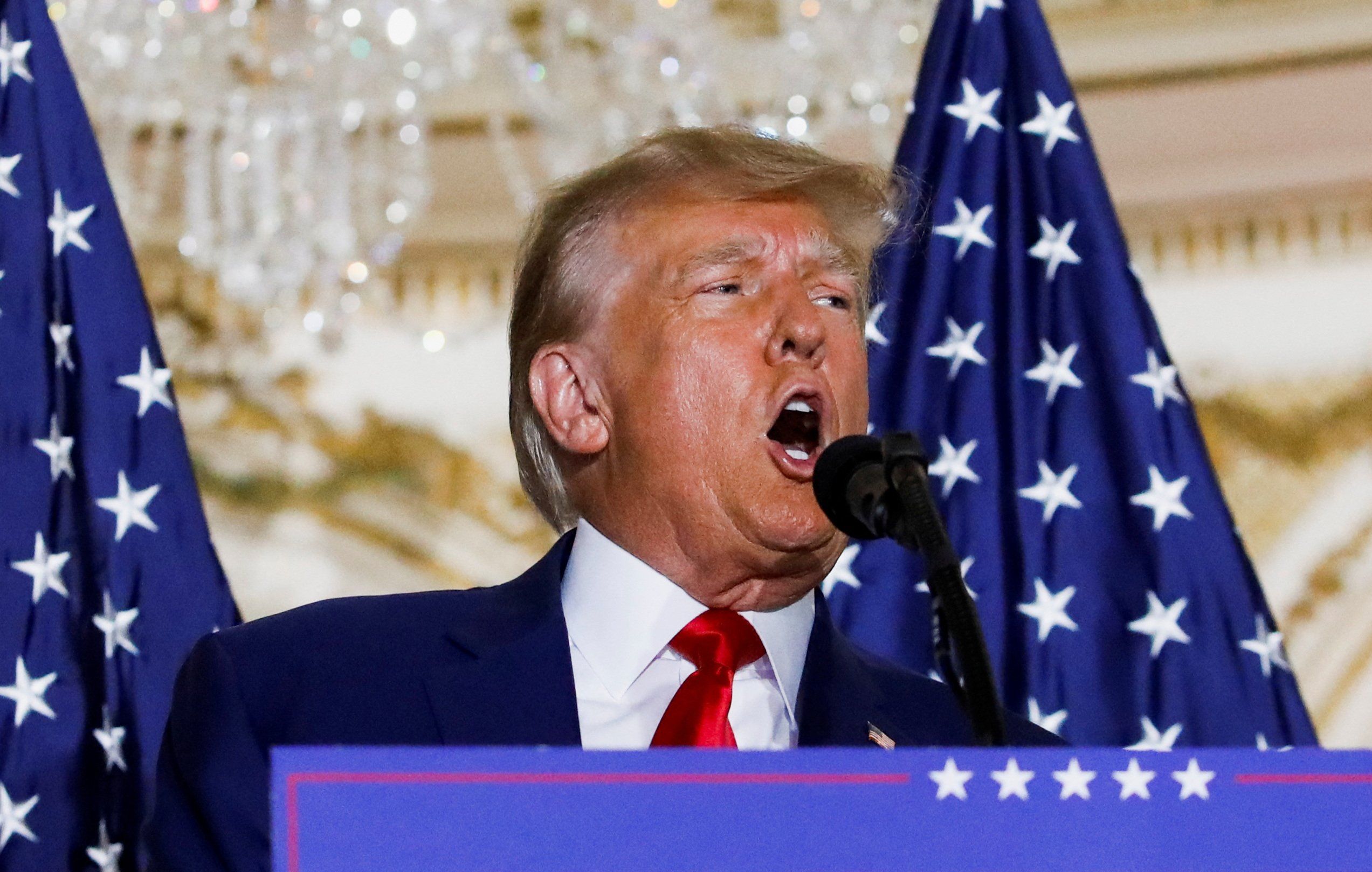 Fmr. U.S. President Donald Trump delivers remarks on the day of his court appearance in New York after being indicted by a Manhattan grand jury. Photo taken in Palm Beach, Florida, U.S., April 4, 2023.