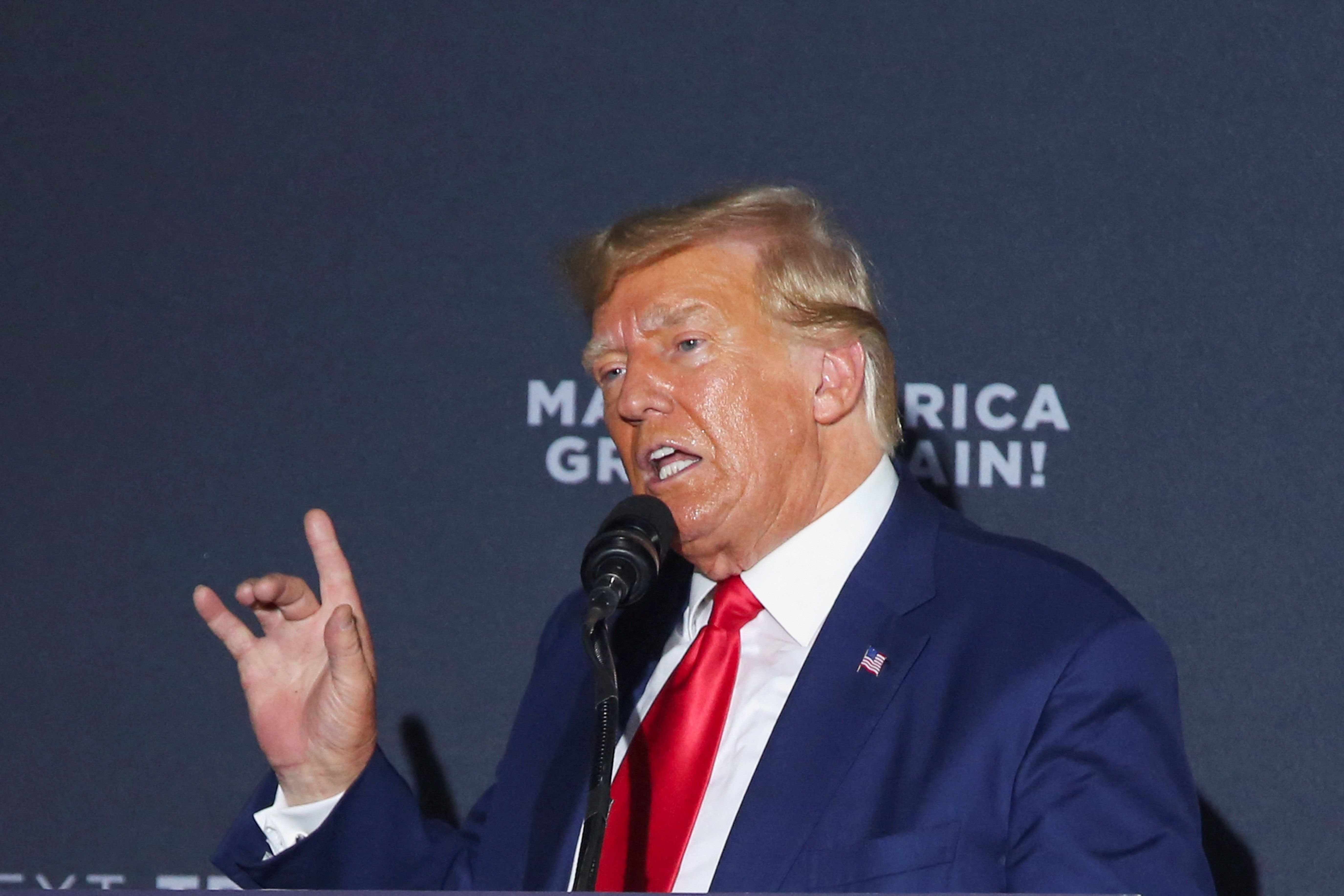 Former U.S. President and Republican presidential candidate Donald Trump speaks during a campaign rally in Windham, NH.