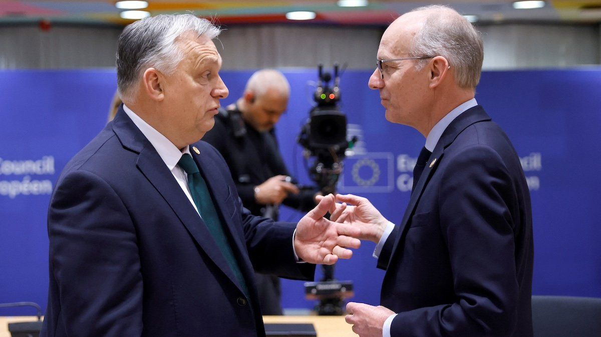 Hungary's Prime Minister Viktor Orban and Luxembourg Prime Minister Luc Frieden attend a European Union summit in Brussels, Belgium February 1, 2024.