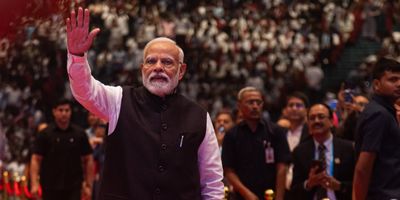 India's Prime Minister Narendra Modi arrives at the Bharat Mandapam to inaugurate the Indian Mobile Congress 2023, in New Delhi, India on Oct. 27, 2023.