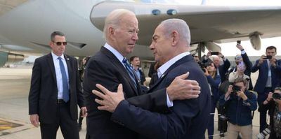​Israeli Prime Minister Benjamin Netanyahu welcomes US President Joe Biden upon his arrival in Israel on Wednesday, Oct. 18, in a show of solidarity following the unprecedented Hamas attack mounted from Gaza.