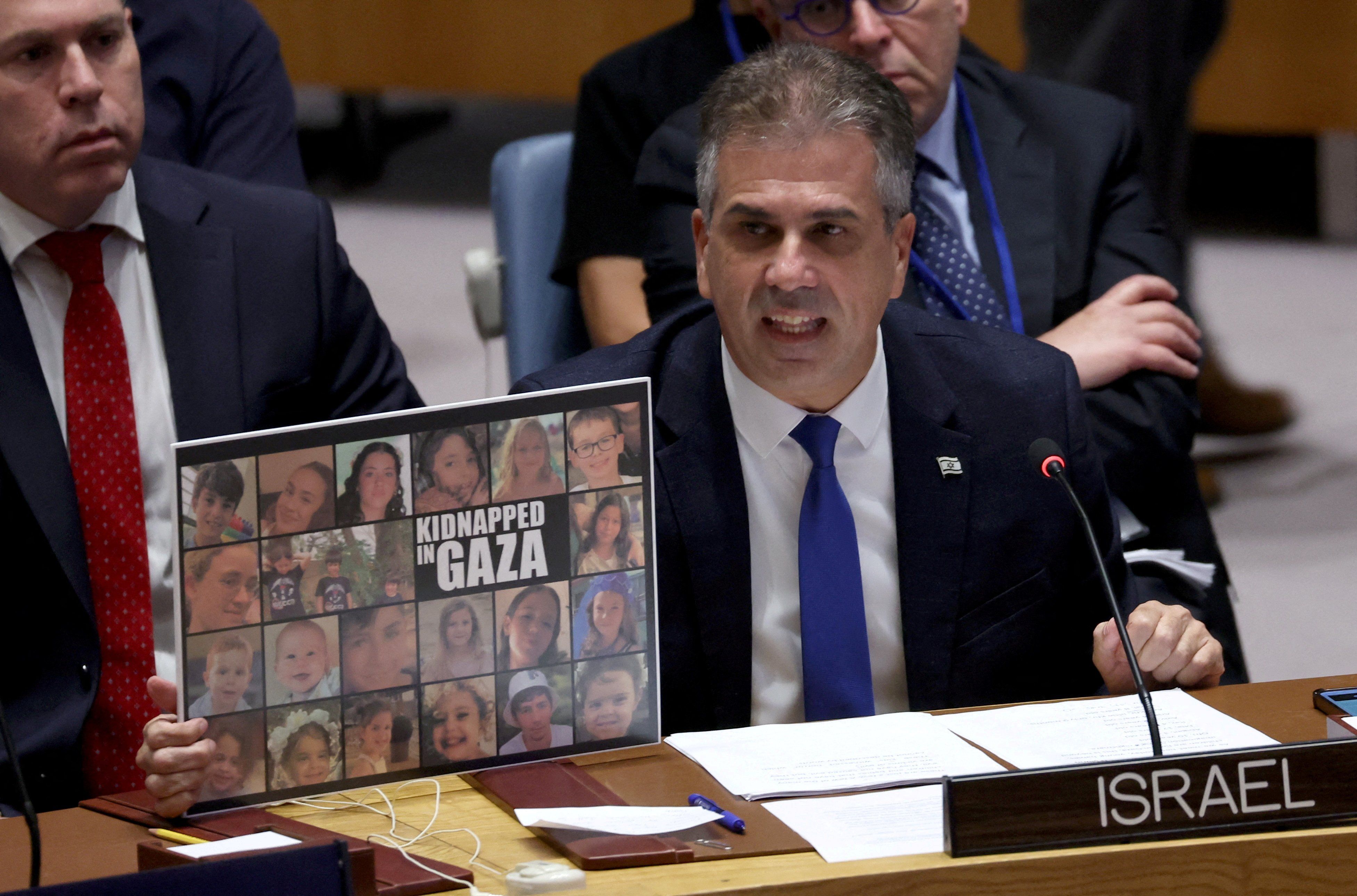 Israel's Foreign Affairs Minister Eli Cohen speaks during a meeting of the Security Council