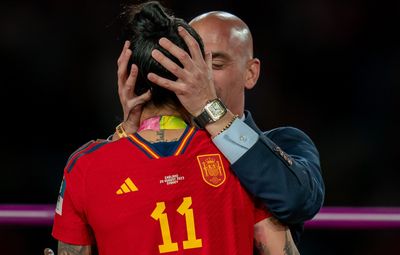 Jenni Hermoso is kissed by the president of the RFEF Luis Rubiales during the presentation ceremony of the FIFA Women's World Cup 2023 at Stadium Australia in Sydney, Australia.