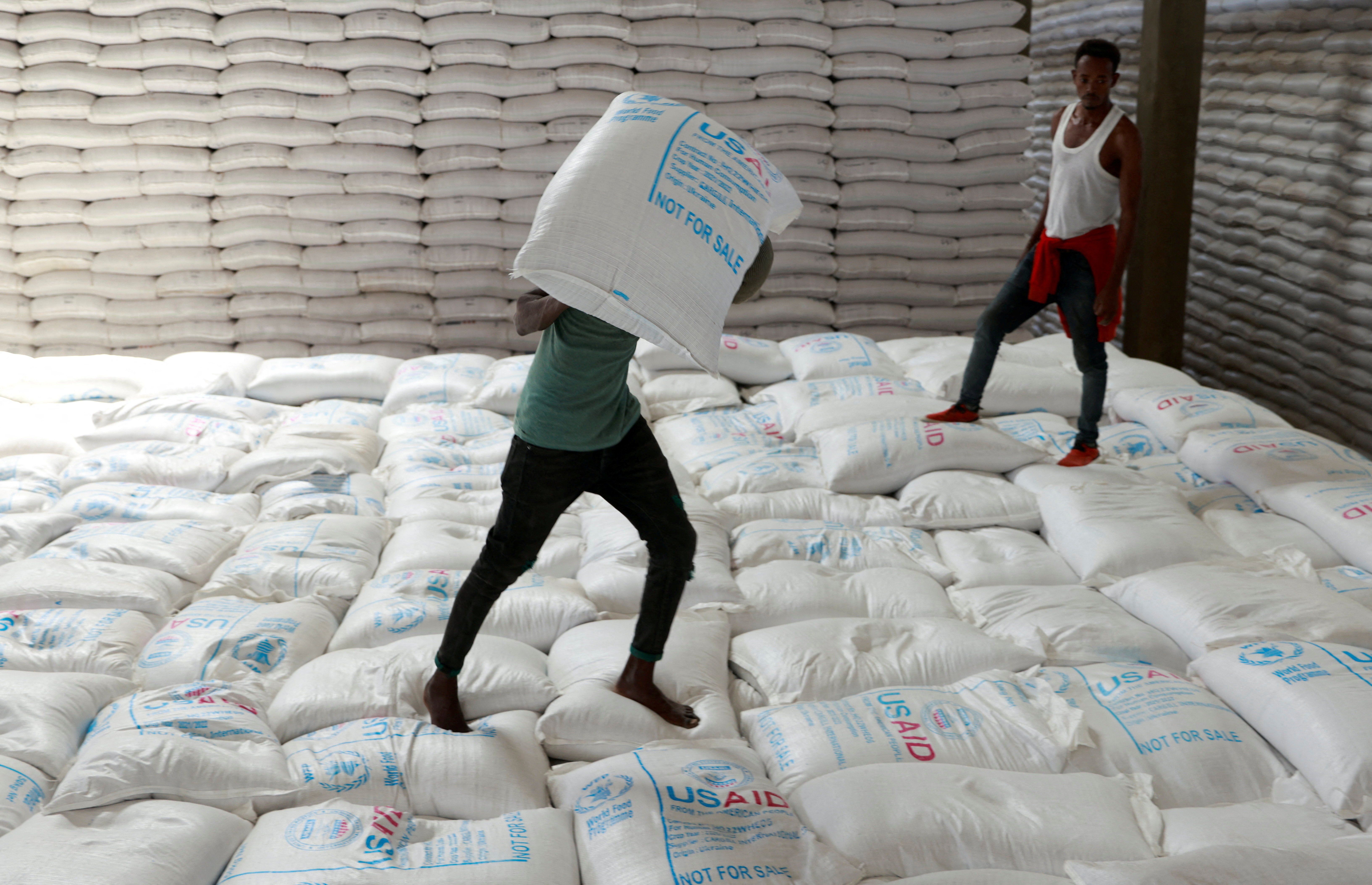 Laborers offload bags of grains as part of relief food that was sent from Ukraine at the World Food Program. 