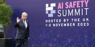 UN Secretary-General António Guterres arrives at the UK Artificial Intelligence Safety Summit at Bletchley Park in Britain on Nov. 2, 2023.