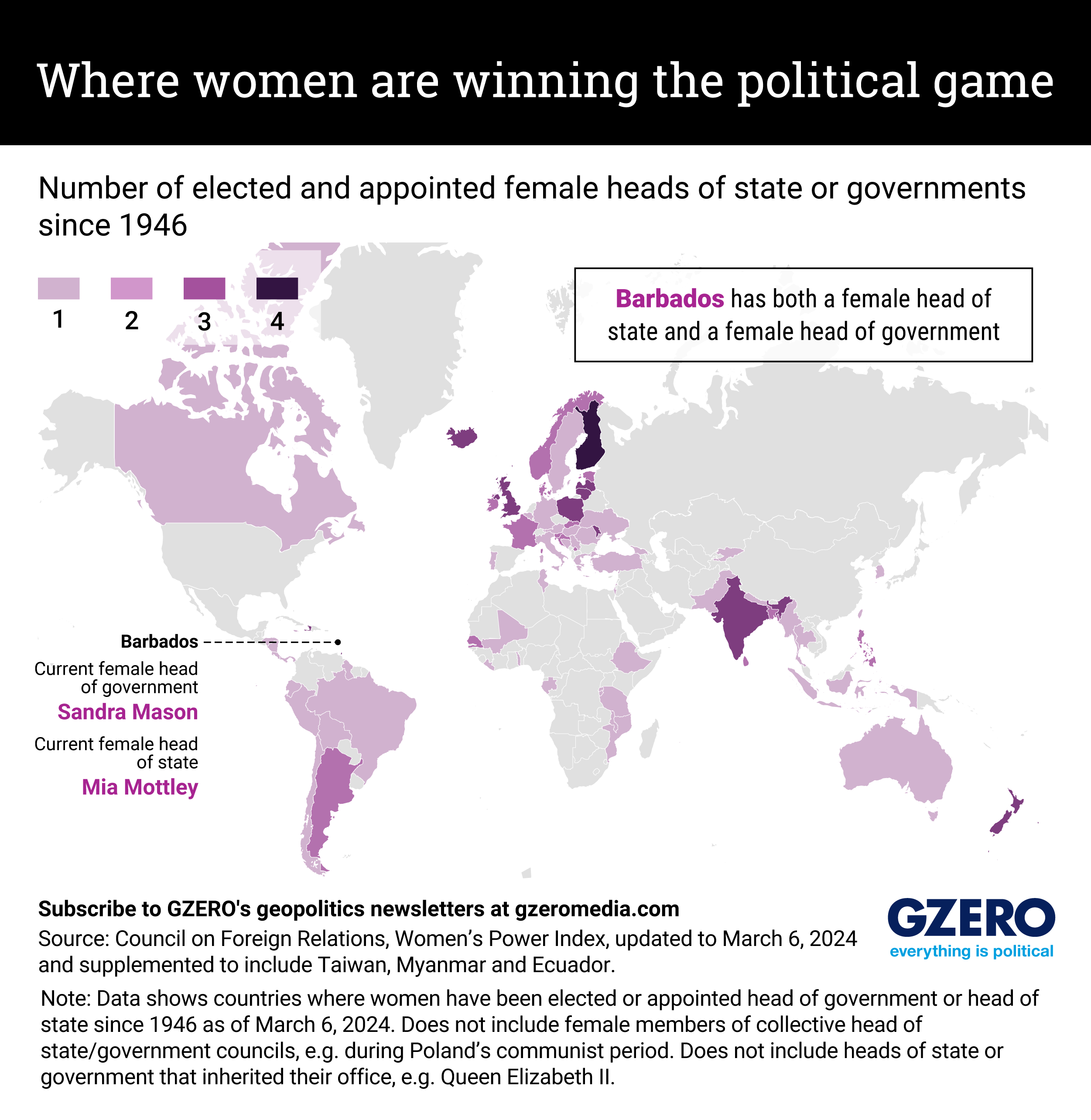 Map of the world color coded based on the amount of female leaders they have had.