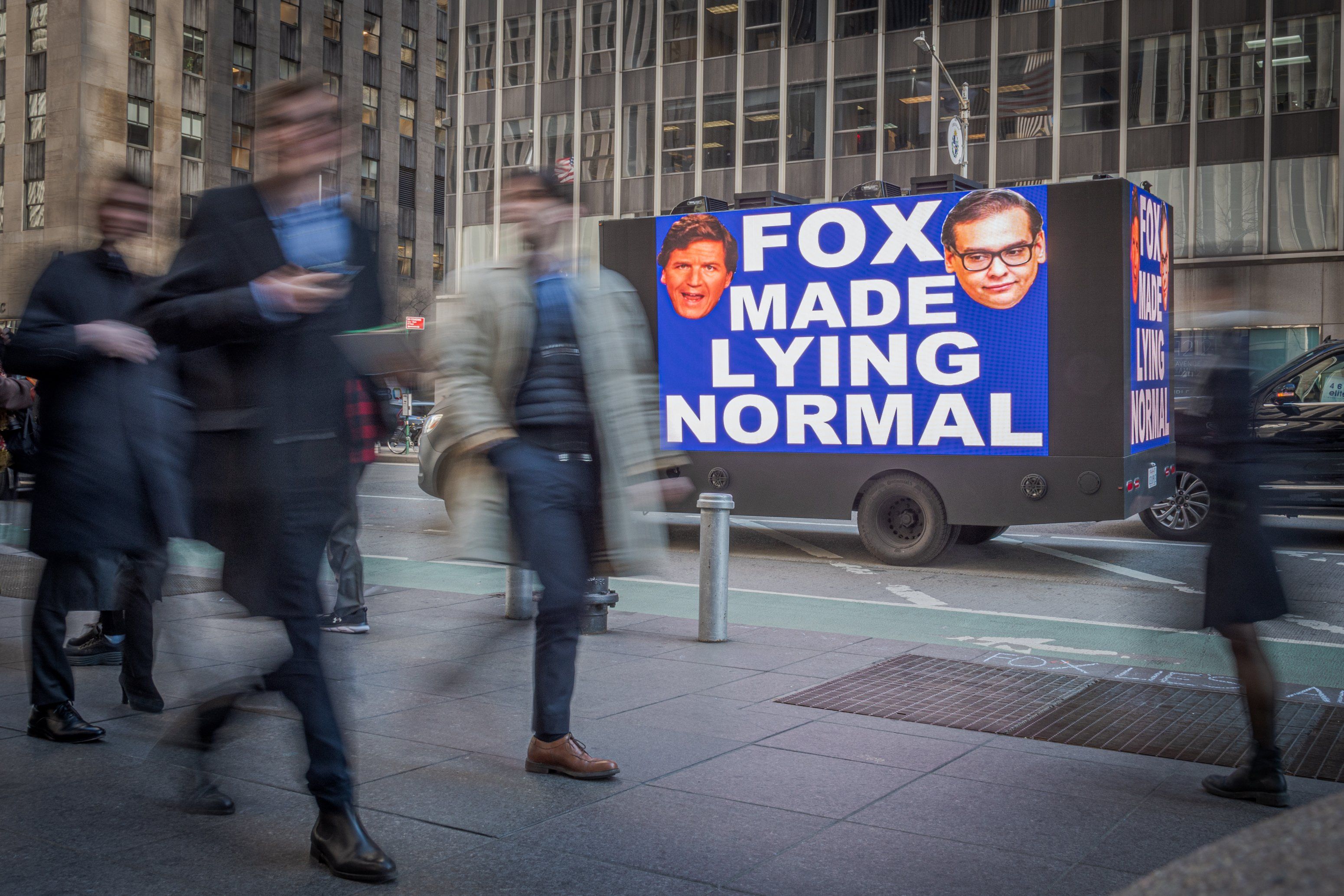 Members of the activist groups Truth Tuesdays and Rise and Resist gathered at a weekly FOX LIES DEMOCRACY DIES event outside the NewsCorp Building in Manhattan.