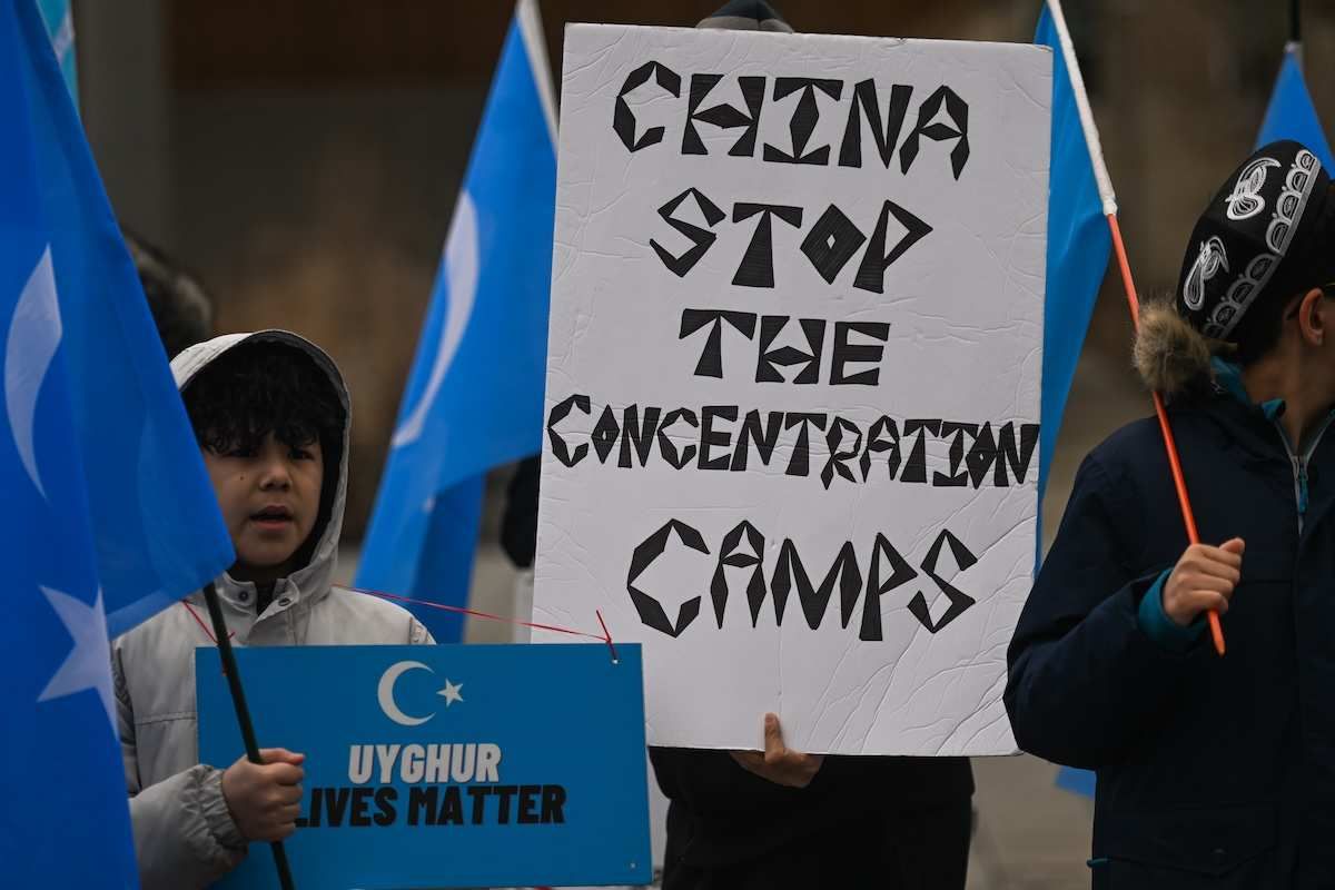 Members of the Uyghurs diaspora gather in front of Alberta Legislature during the protest 'Stand in Support of East Turkistan' to commemorate the 1990 Barin Uprising, on April 6, 2024, in Edmonton, Alberta, Canada. The East Turkestan independence movement seeks the region's independence for the Uyghur people from China. They advocate renaming the region from Xinjiang to East Turkestan, its historical name. 