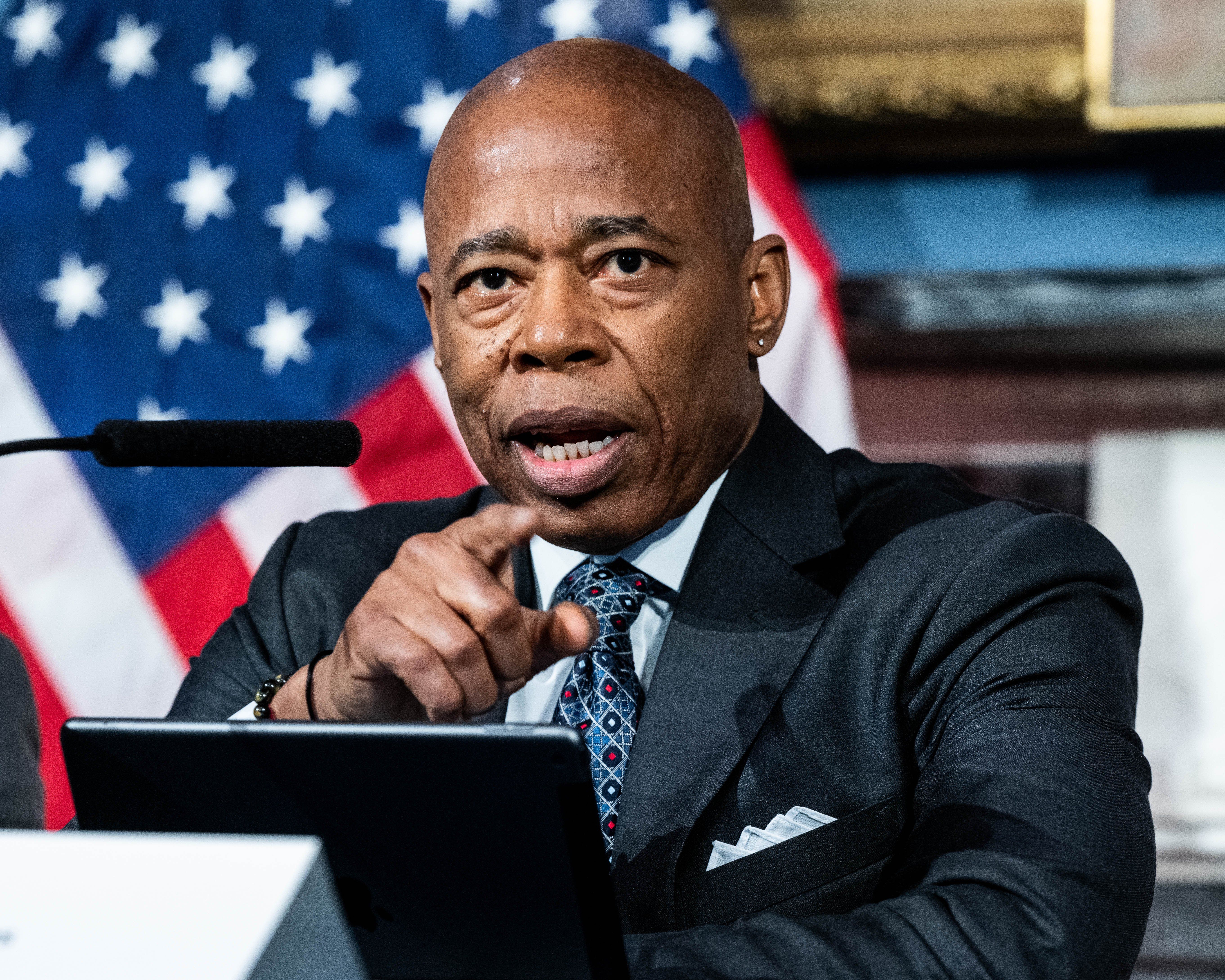 New York City Mayor Eric Adams (D) speaking at a press conference at City Hall in New York City. 