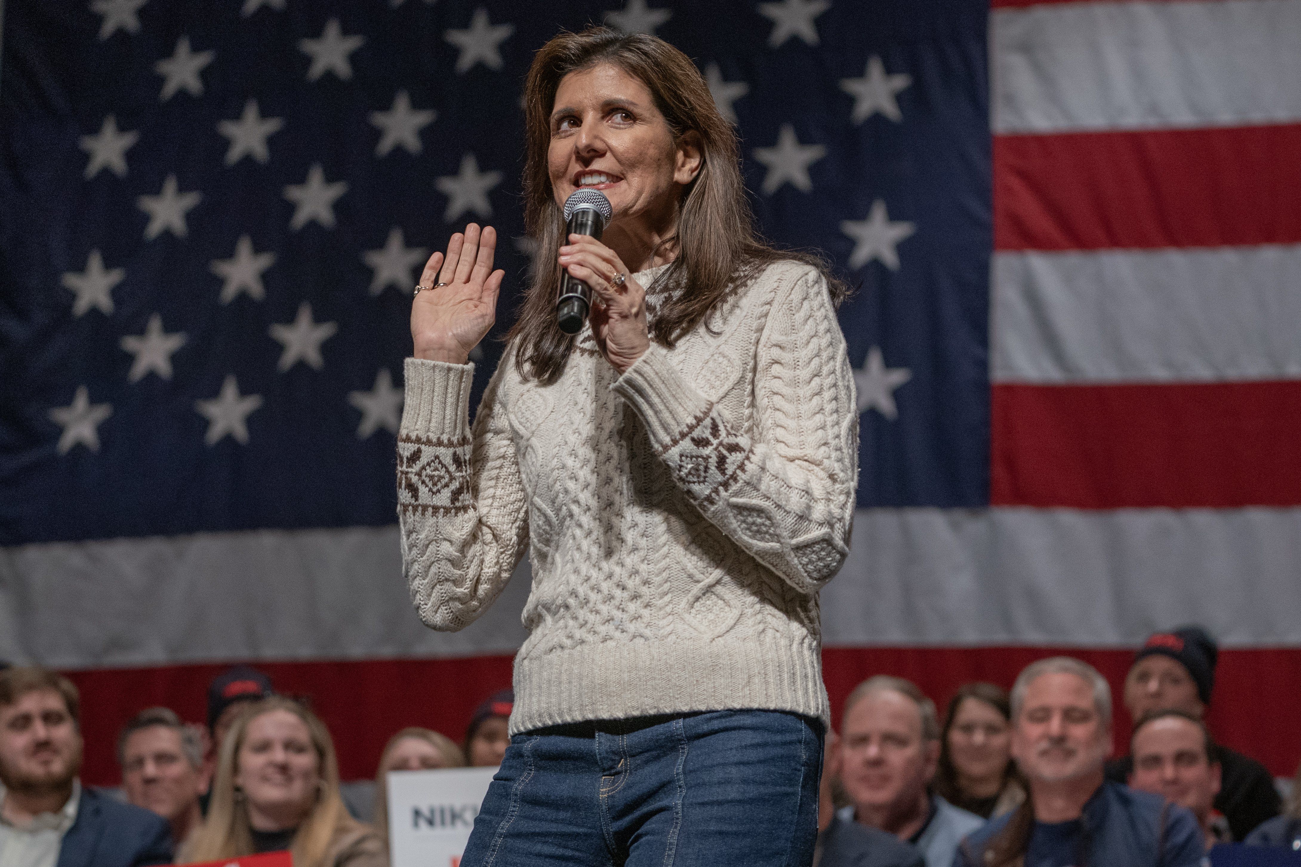 ​Nikki Haley, former U.N. Ambassador and Republican presidential candidate, delivers remarks during a campaign event in Exeter, New Hampshire on Jan. 21, 2023.