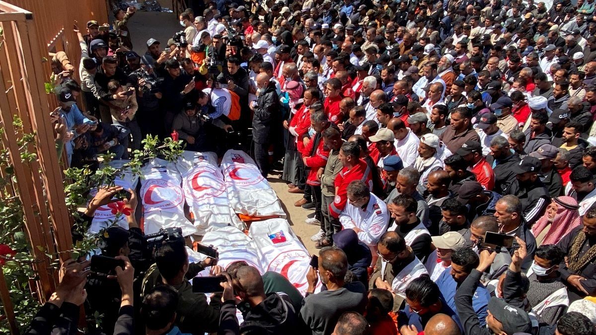 ​Palestinians mourn medics, who came under Israeli fire while on a rescue mission, after their bodies were recovered, according to the Red Crescent, at Nasser hospital in Khan Younis in the southern Gaza Strip March 31, 2025. 
