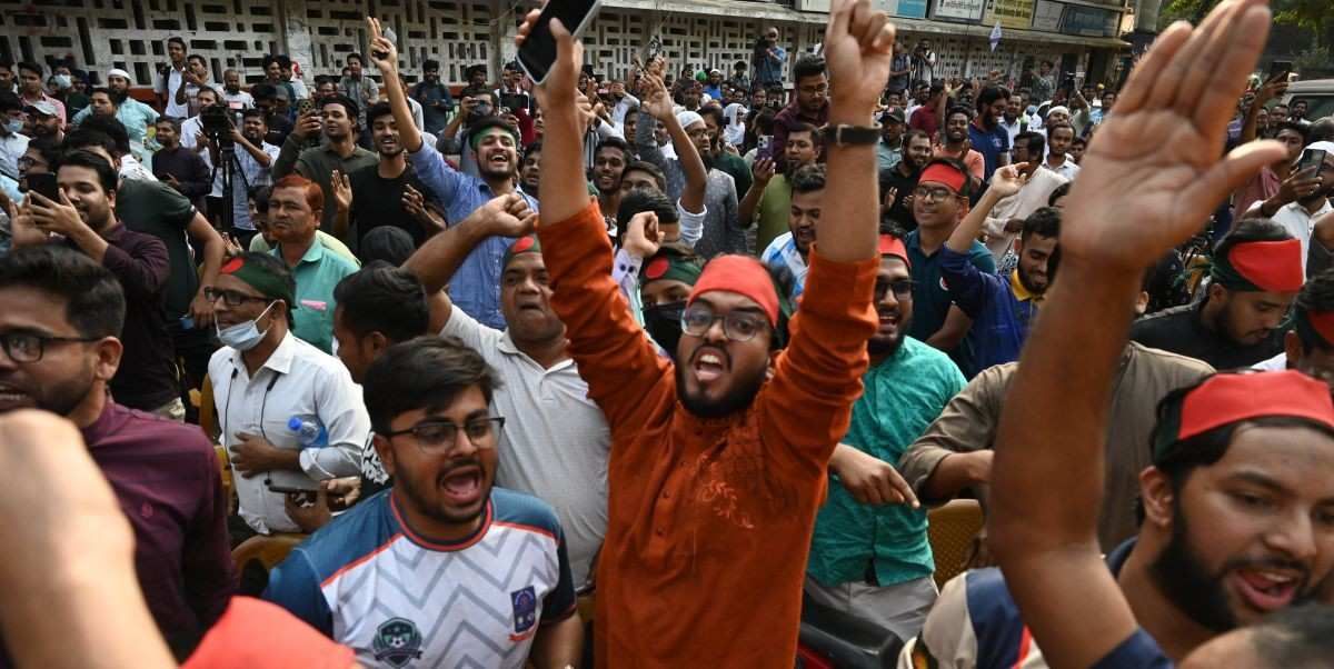 People celebrate the court's verdict after Bangladesh's fugitive former Prime Minister Sheikh Hasina is found guilty and sentenced to death in Dhaka, Bangladesh, on November 17, 2025. The International Crimes Tribunal on November 17 sentences fugitive former Prime Minister Sheikh Hasina to death for crimes against humanity in a murder case of the July uprising.