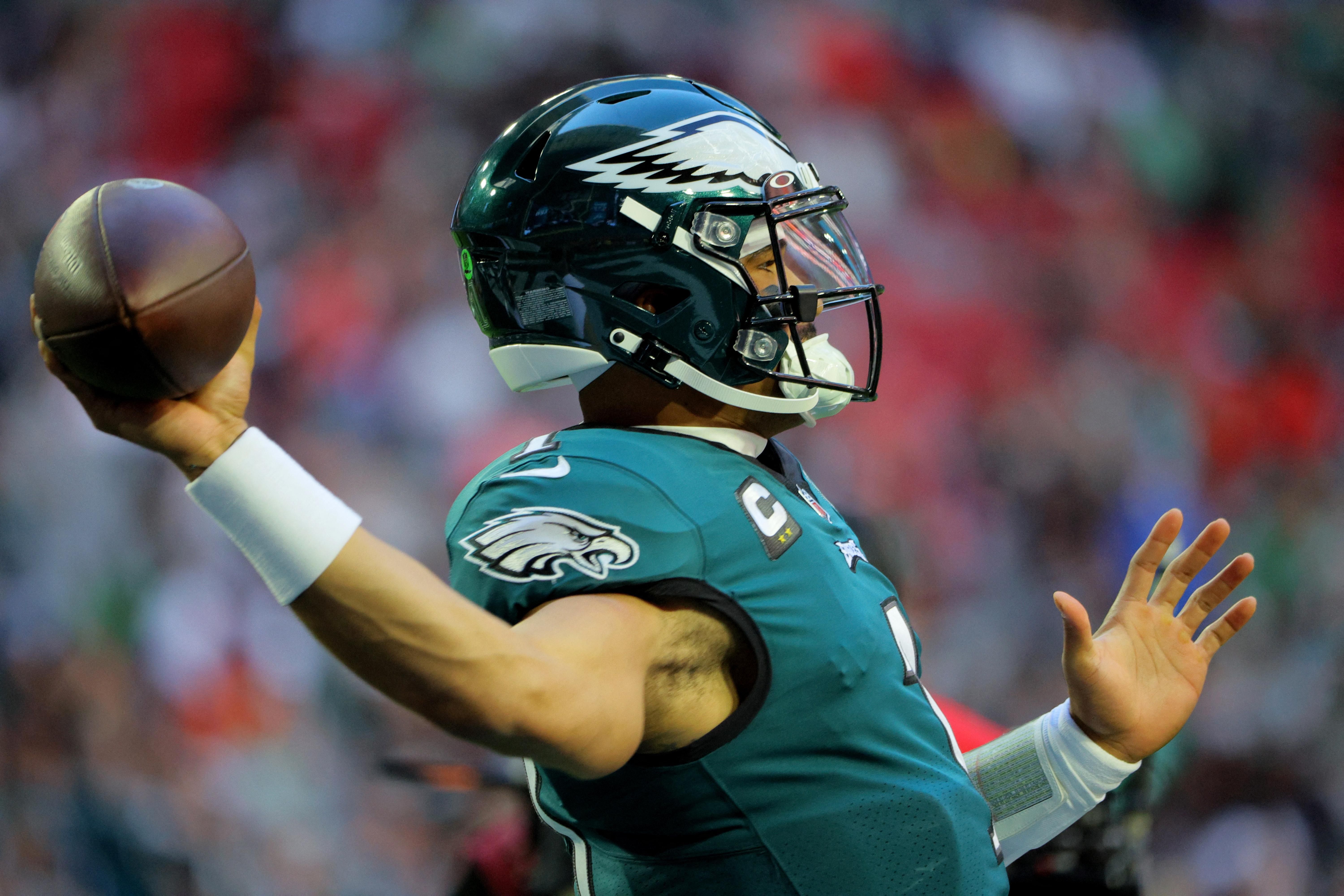 Philadelphia Eagles starJalen Hurts during the warm up before the Super Bowl. 