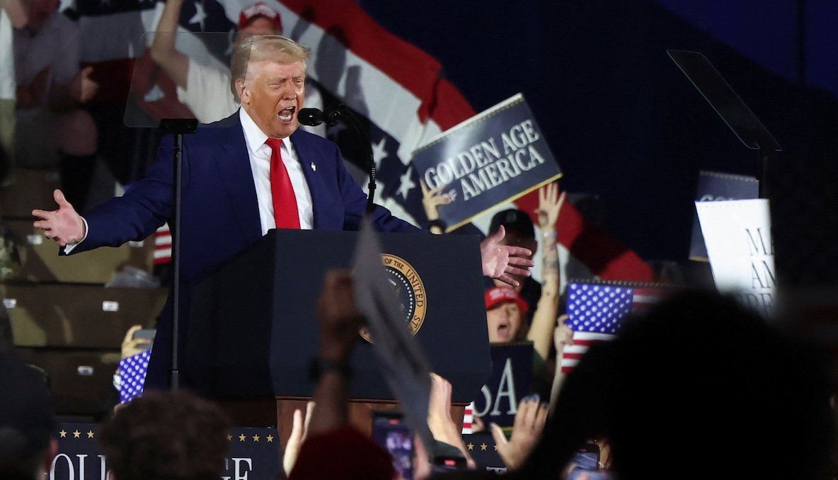 President Donald Trump speaks during a rally to mark his 100th day in office, at Macomb Community College in Warren, Michigan, on April 29, 2025. 